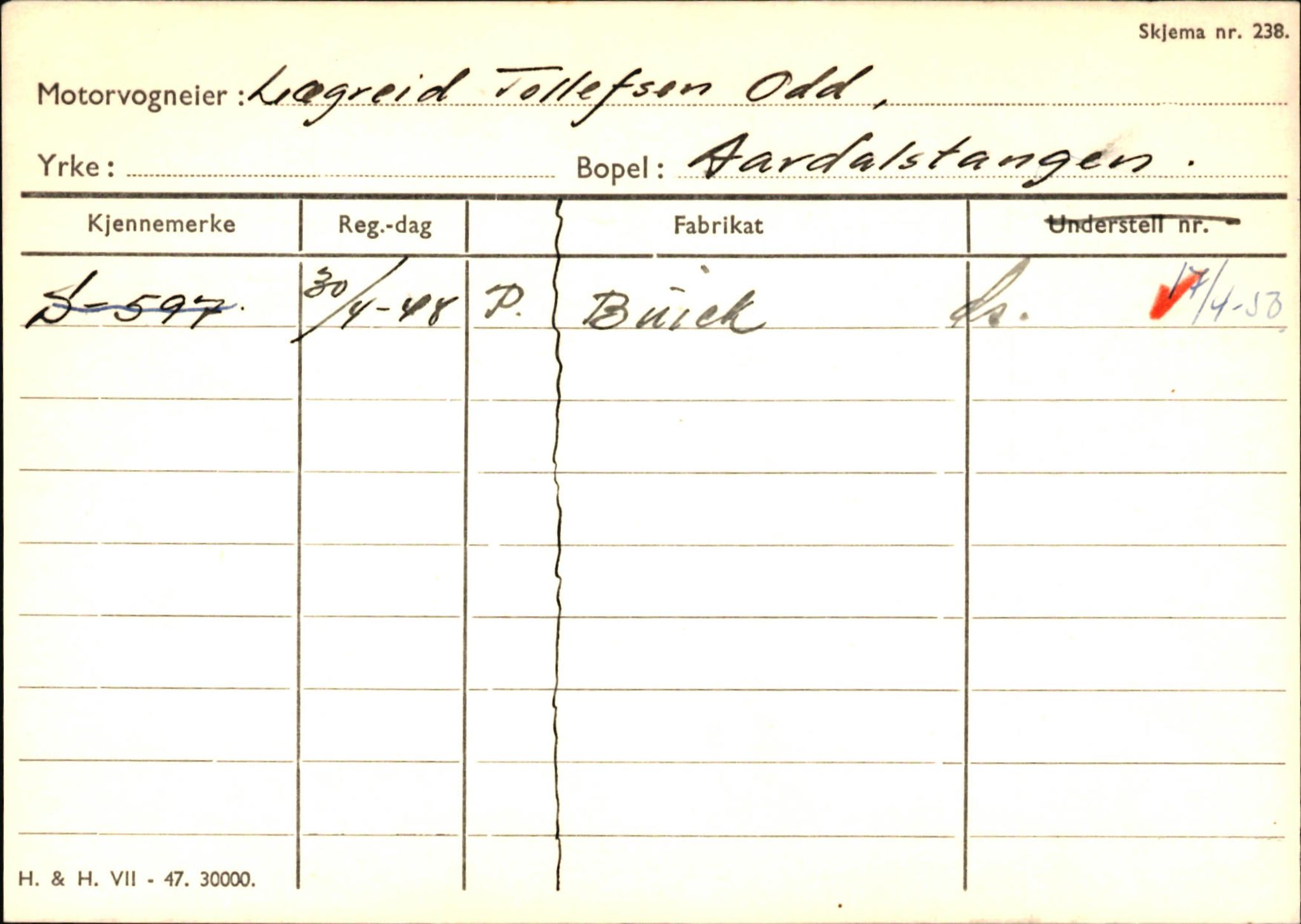 Statens vegvesen, Sogn og Fjordane vegkontor, SAB/A-5301/4/F/L0145: Registerkort Vågsøy S-Å. Årdal I-P, 1945-1975, p. 1581