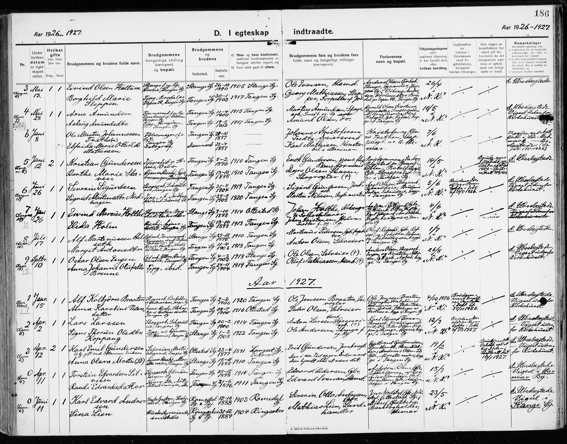 Stange prestekontor, SAH/PREST-002/K/L0025: Parish register (official) no. 25, 1921-1945, p. 186