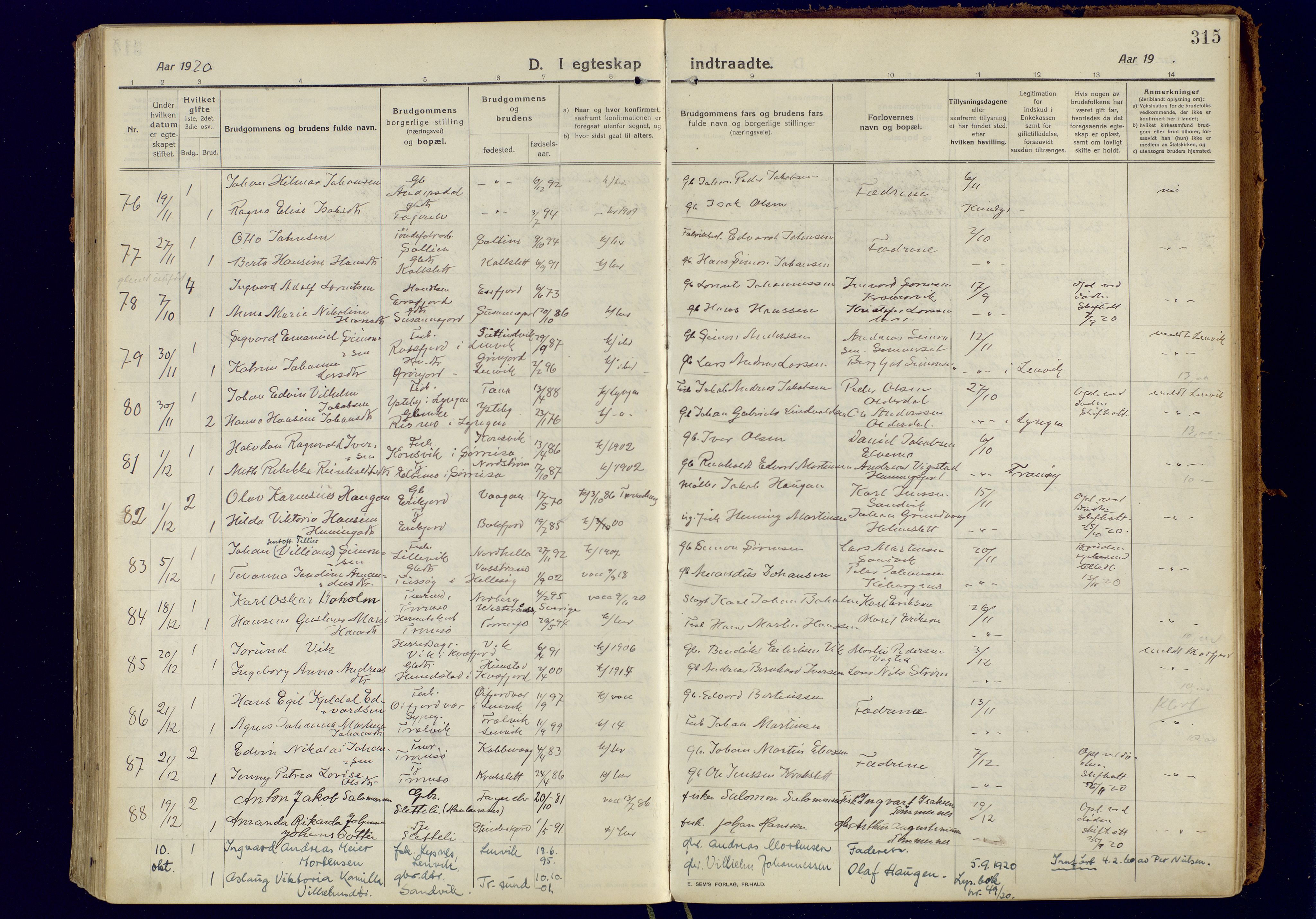 Tromsøysund sokneprestkontor, AV/SATØ-S-1304/G/Ga/L0008kirke: Parish register (official) no. 8, 1914-1922, p. 315