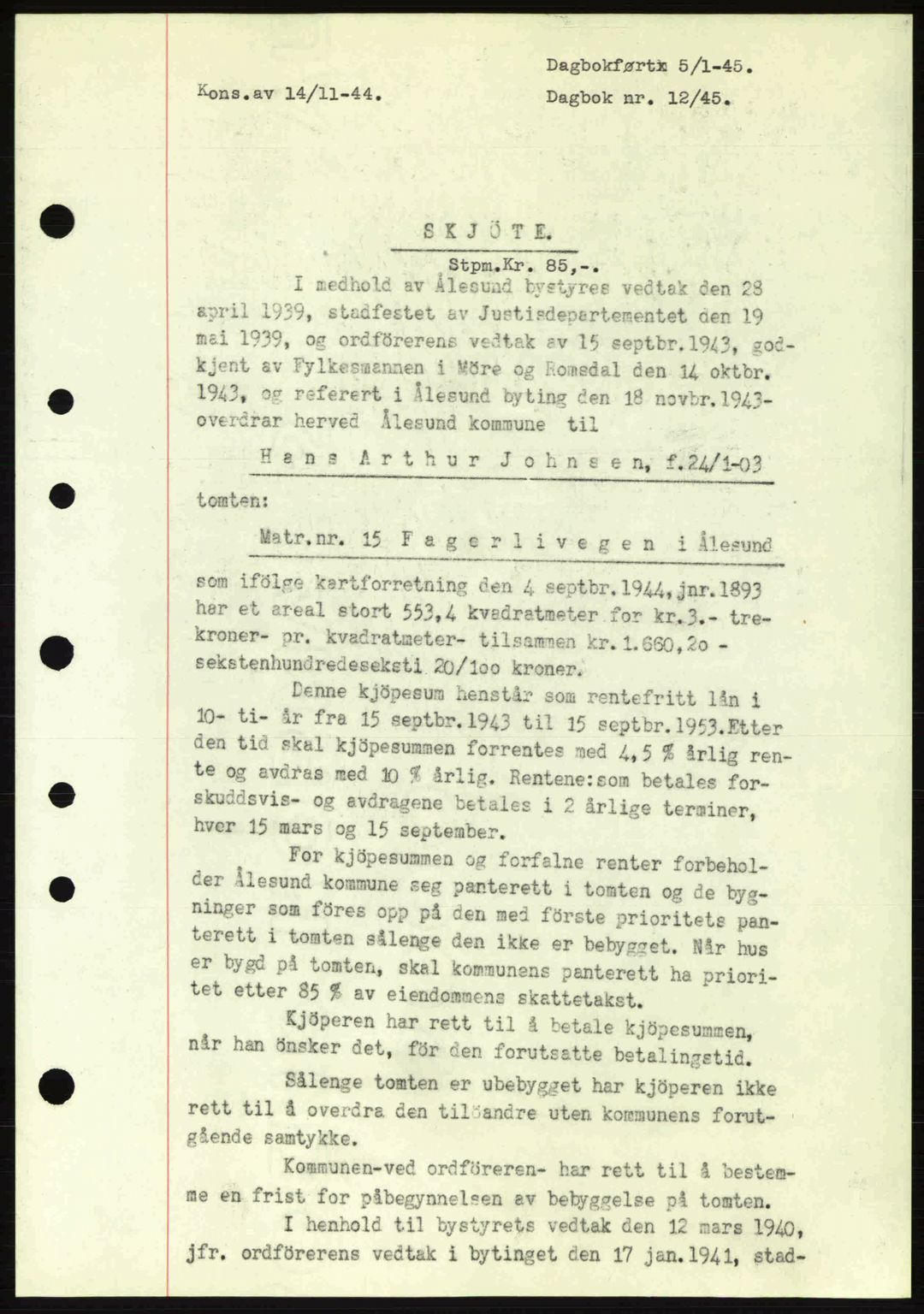 Ålesund byfogd, AV/SAT-A-4384: Mortgage book no. 36a, 1944-1945, Diary no: : 12/1945