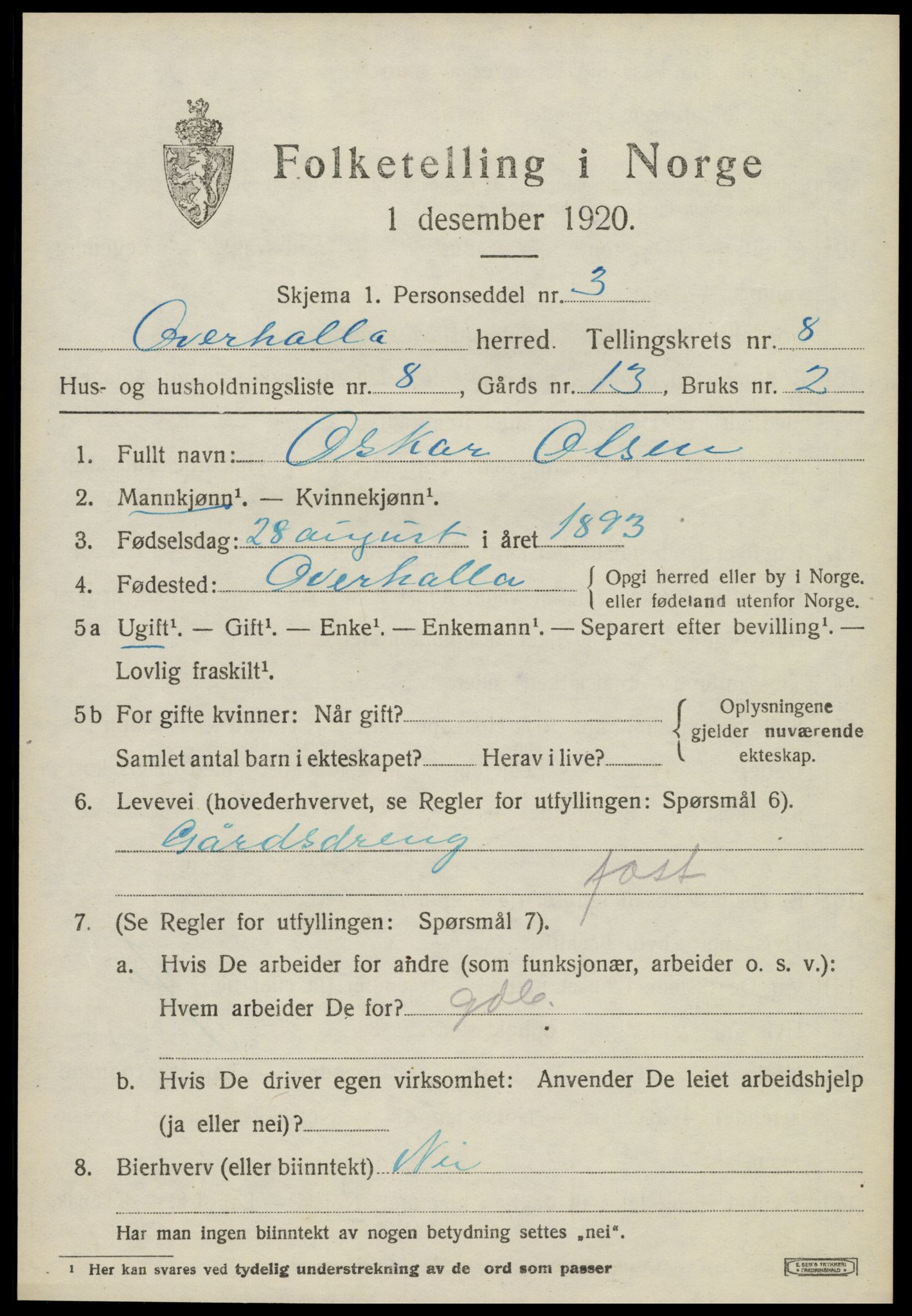 SAT, 1920 census for Overhalla, 1920, p. 5476