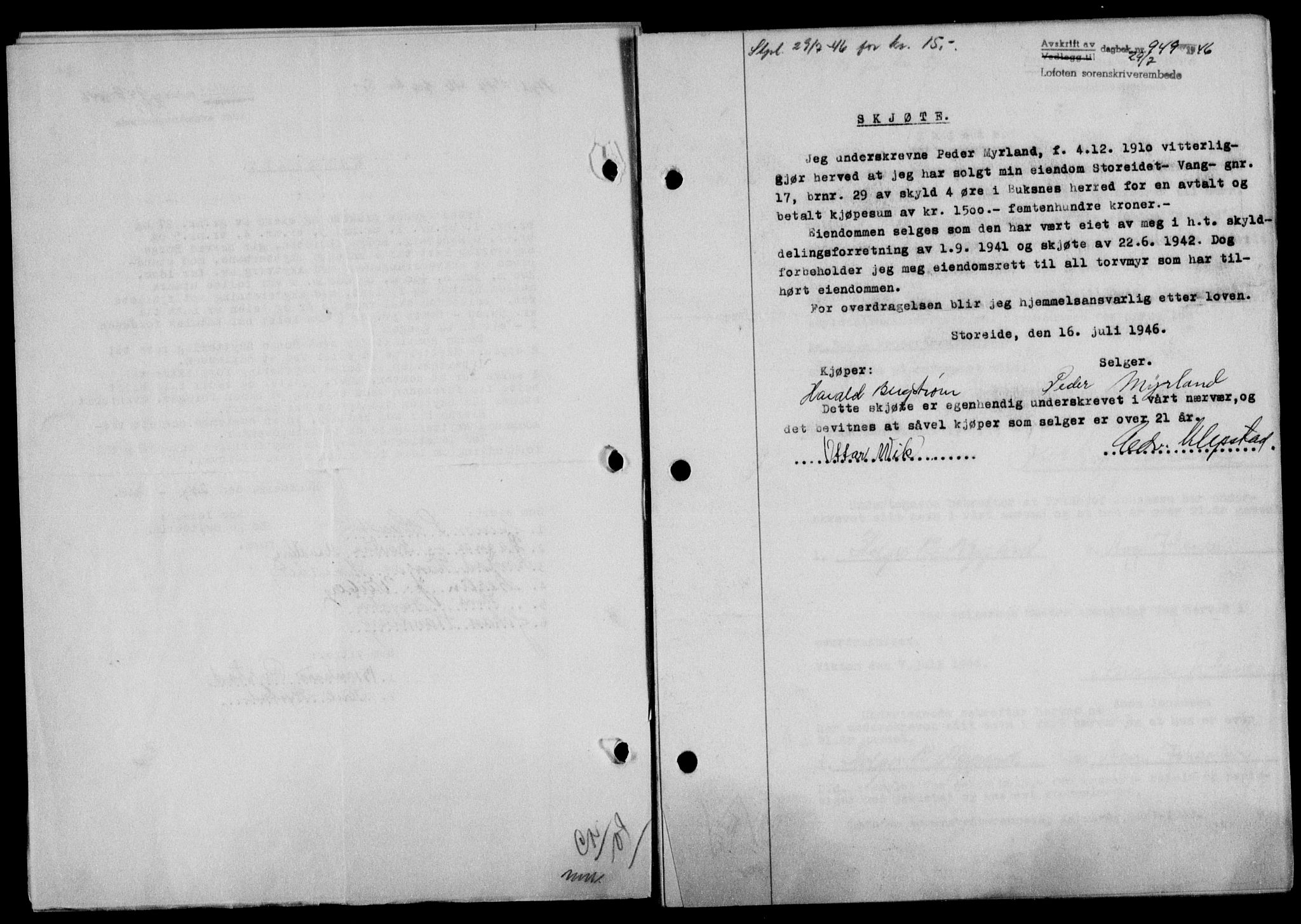 Lofoten sorenskriveri, SAT/A-0017/1/2/2C/L0014a: Mortgage book no. 14a, 1946-1946, Diary no: : 949/1946