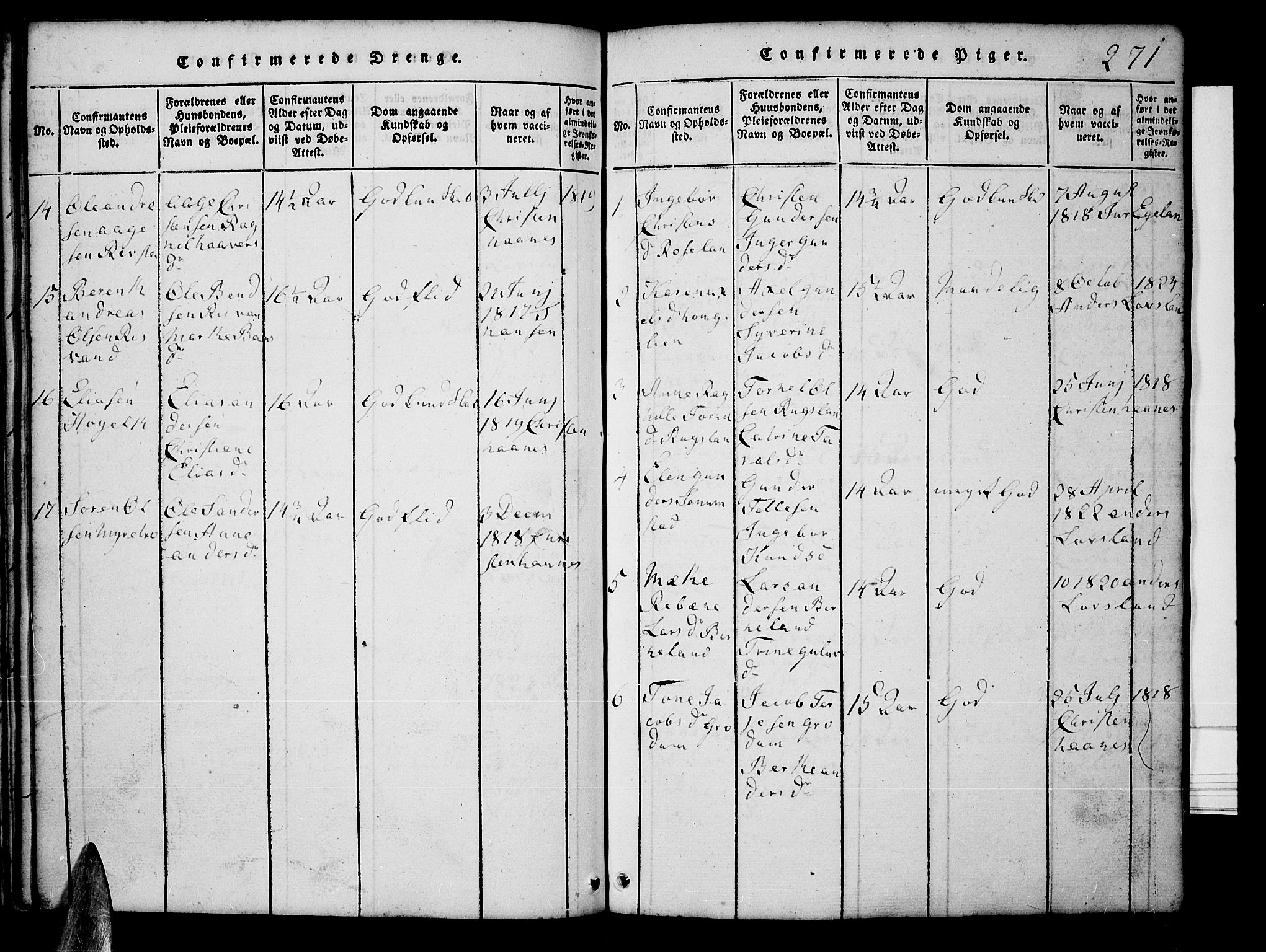 Tveit sokneprestkontor, AV/SAK-1111-0043/F/Fb/L0001: Parish register (copy) no. B 1, 1820-1834, p. 271