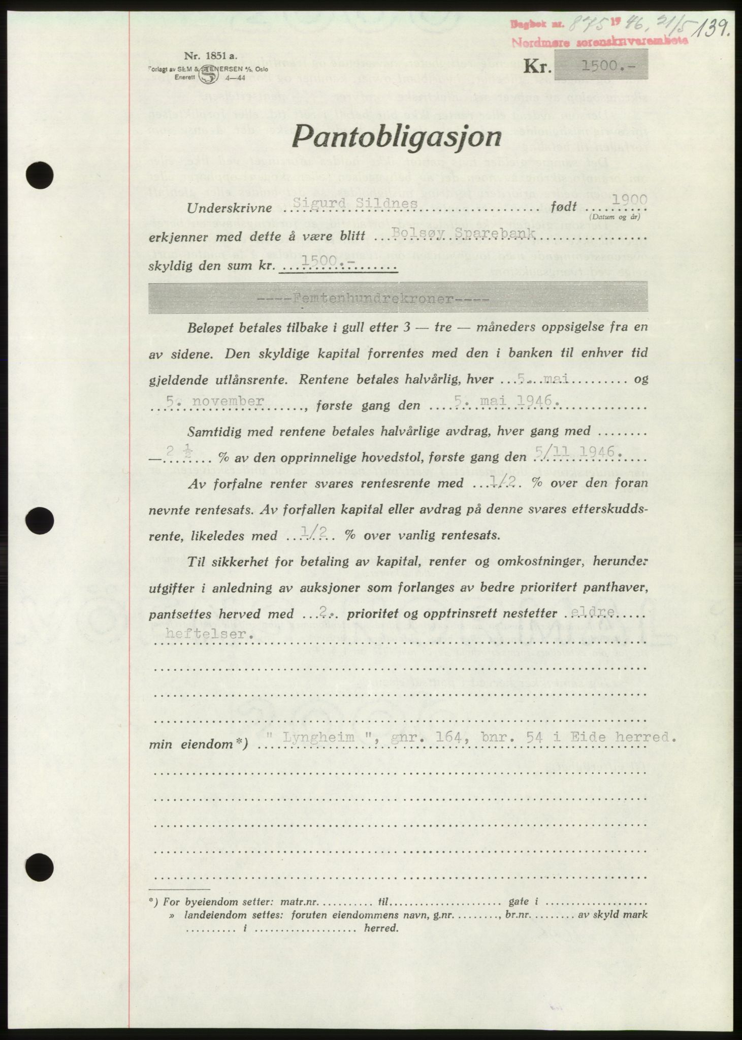 Nordmøre sorenskriveri, AV/SAT-A-4132/1/2/2Ca: Mortgage book no. B94, 1946-1946, Diary no: : 875/1946