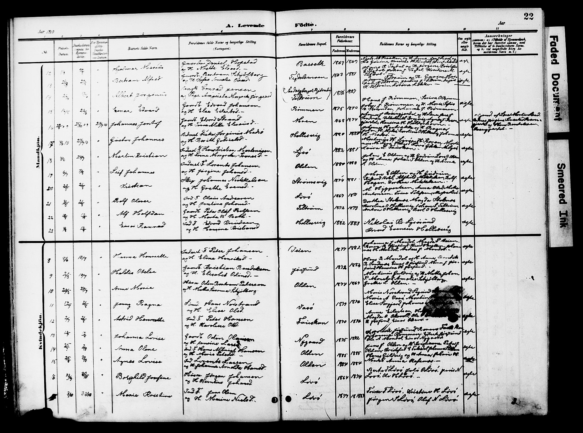 Ministerialprotokoller, klokkerbøker og fødselsregistre - Sør-Trøndelag, SAT/A-1456/654/L0666: Parish register (copy) no. 654C02, 1901-1925, p. 22