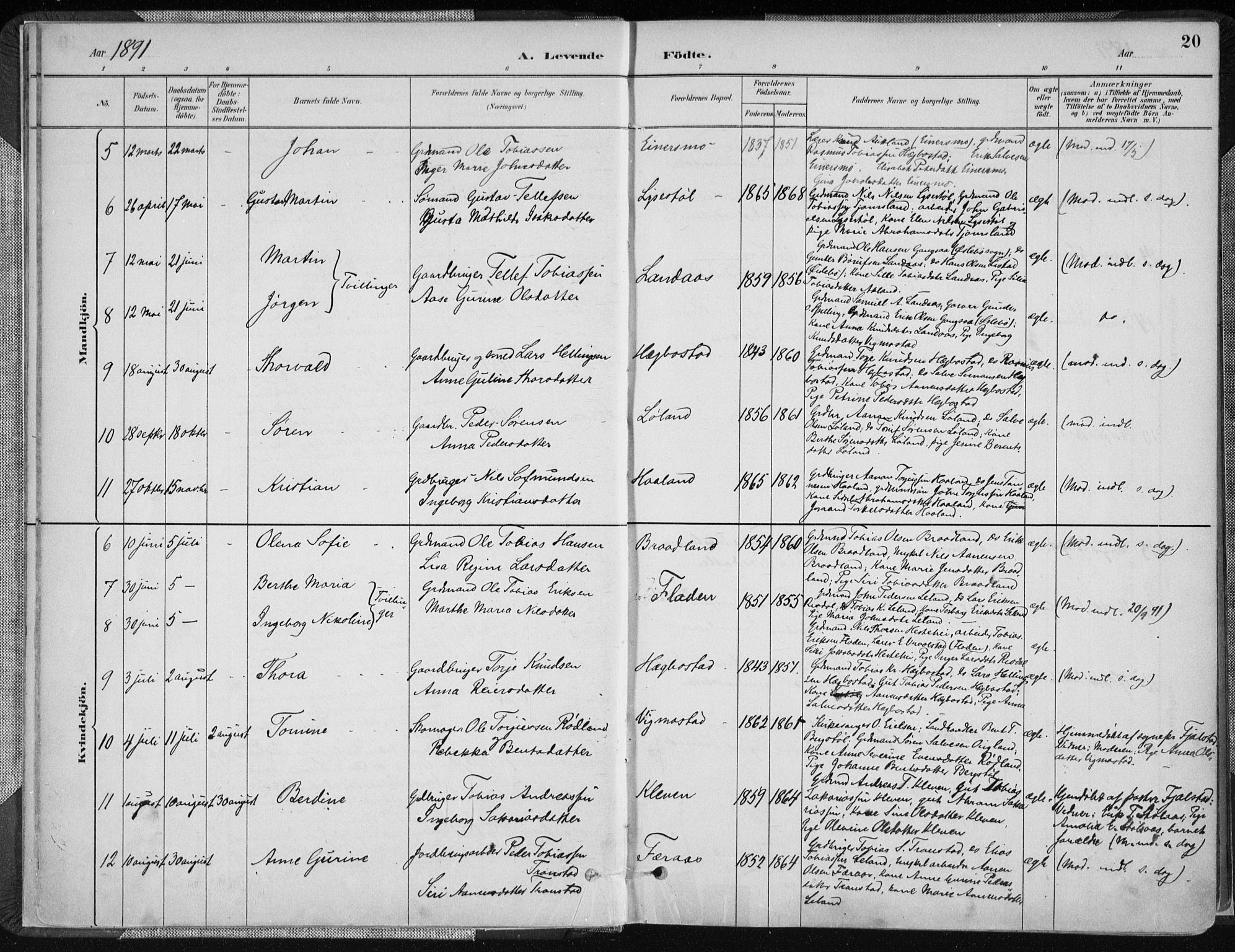 Nord-Audnedal sokneprestkontor, SAK/1111-0032/F/Fa/Fab/L0003: Parish register (official) no. A 3, 1882-1900, p. 20
