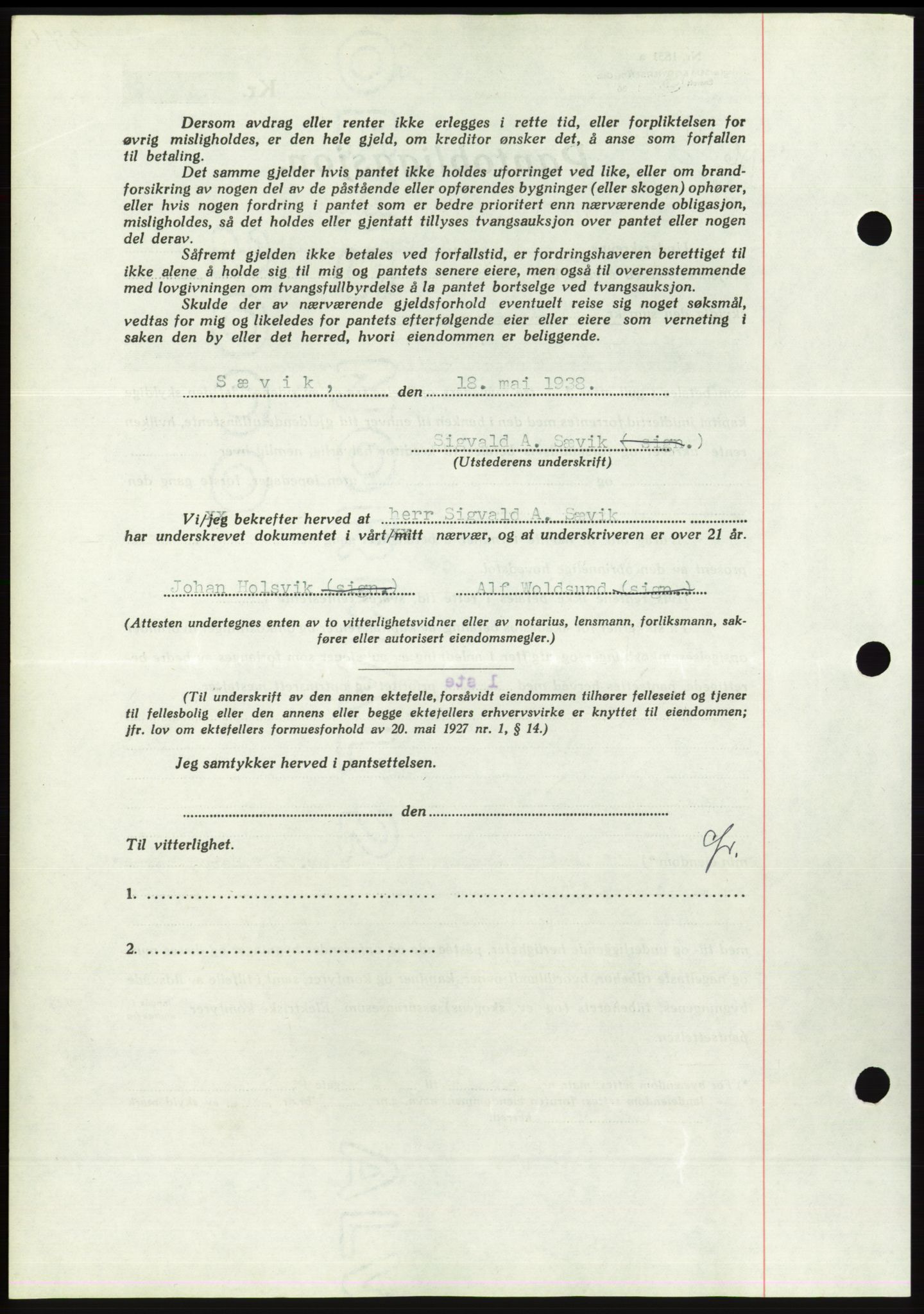 Søre Sunnmøre sorenskriveri, AV/SAT-A-4122/1/2/2C/L0065: Mortgage book no. 59, 1938-1938, Diary no: : 713/1938