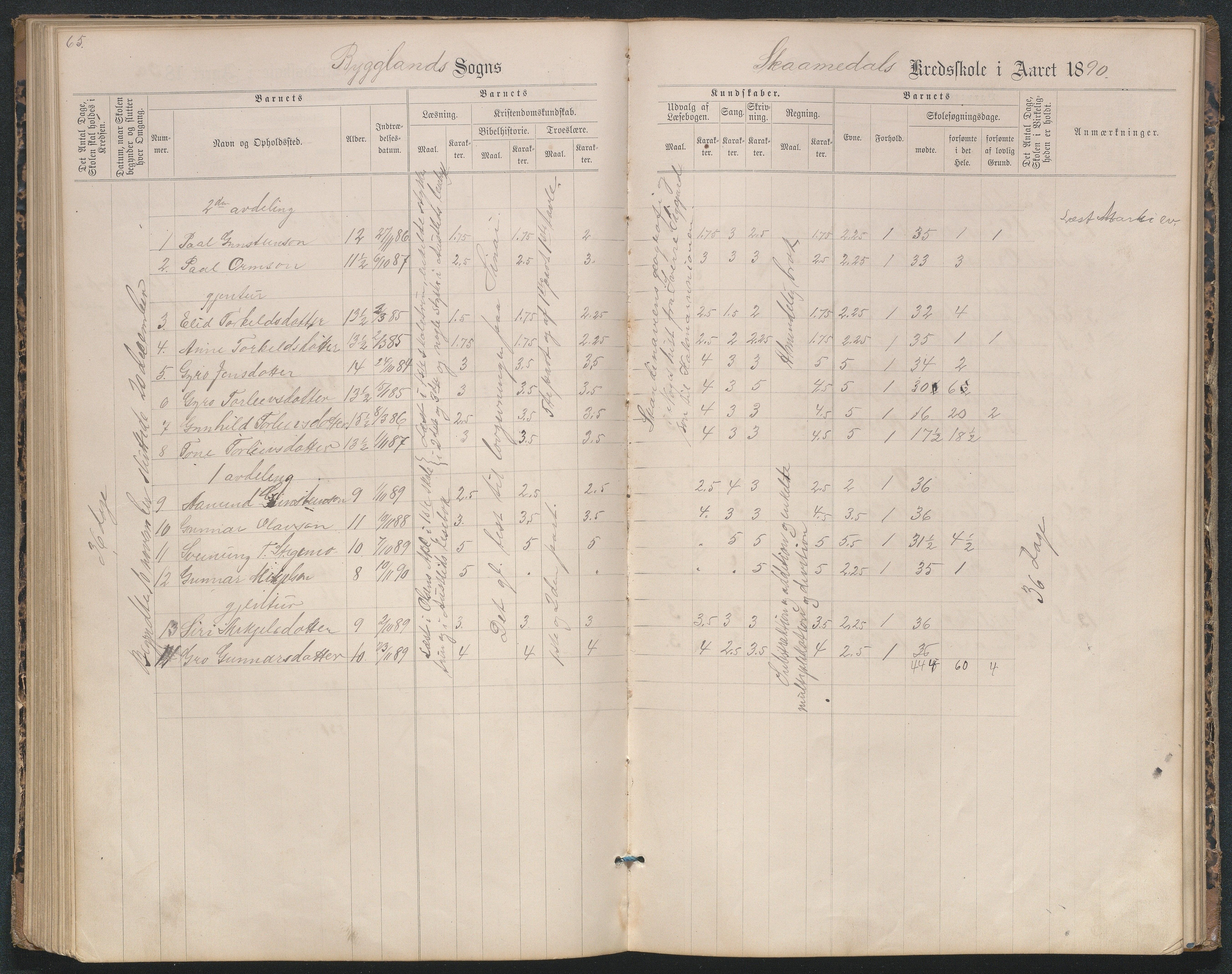 Bygland kommune, Skulekrinsar i Midt-Bygland, AAKS/KA0938-550b/F2/L0004: Karakterprotokoll Sandnes og Skomedal, 1886-1914, p. 65