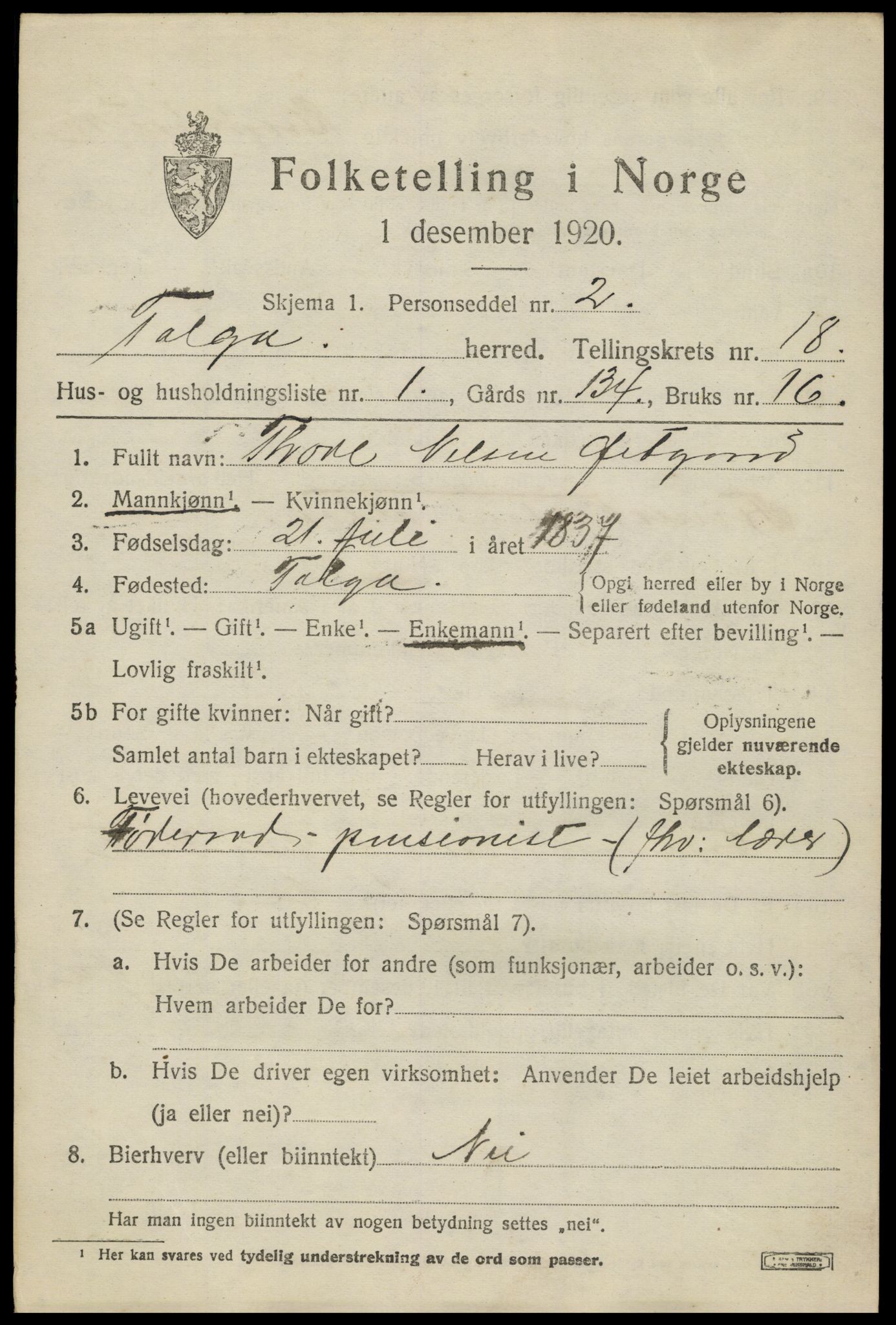 SAH, 1920 census for Tolga, 1920, p. 8265