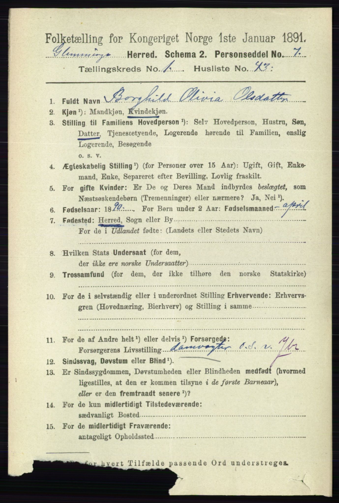 RA, 1891 census for 0132 Glemmen, 1891, p. 397