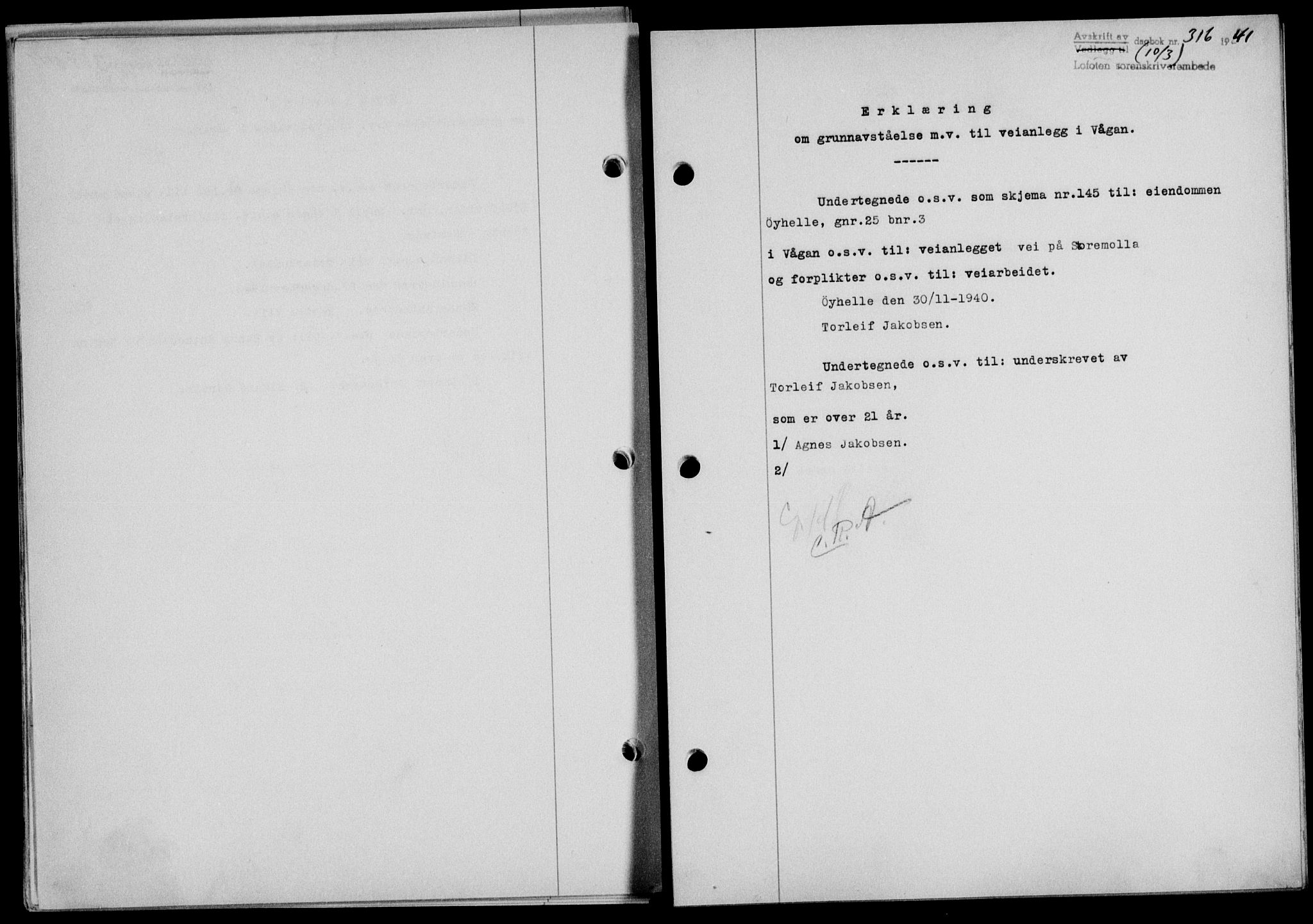 Lofoten sorenskriveri, SAT/A-0017/1/2/2C/L0008a: Mortgage book no. 8a, 1940-1941, Diary no: : 316/1941