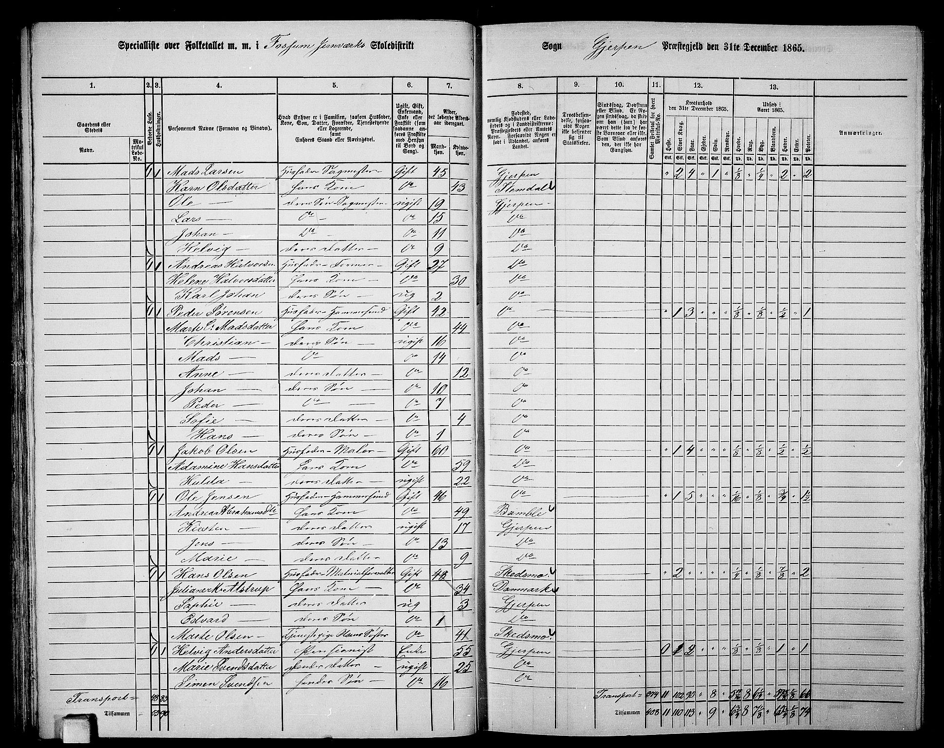 RA, 1865 census for Gjerpen, 1865, p. 55