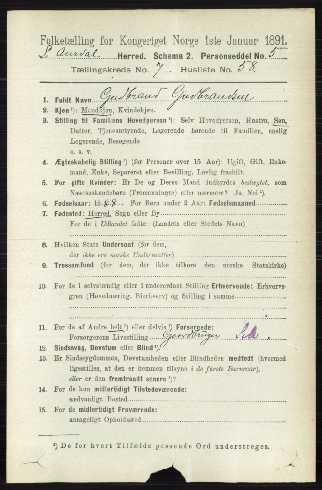 RA, 1891 census for 0540 Sør-Aurdal, 1891, p. 4746