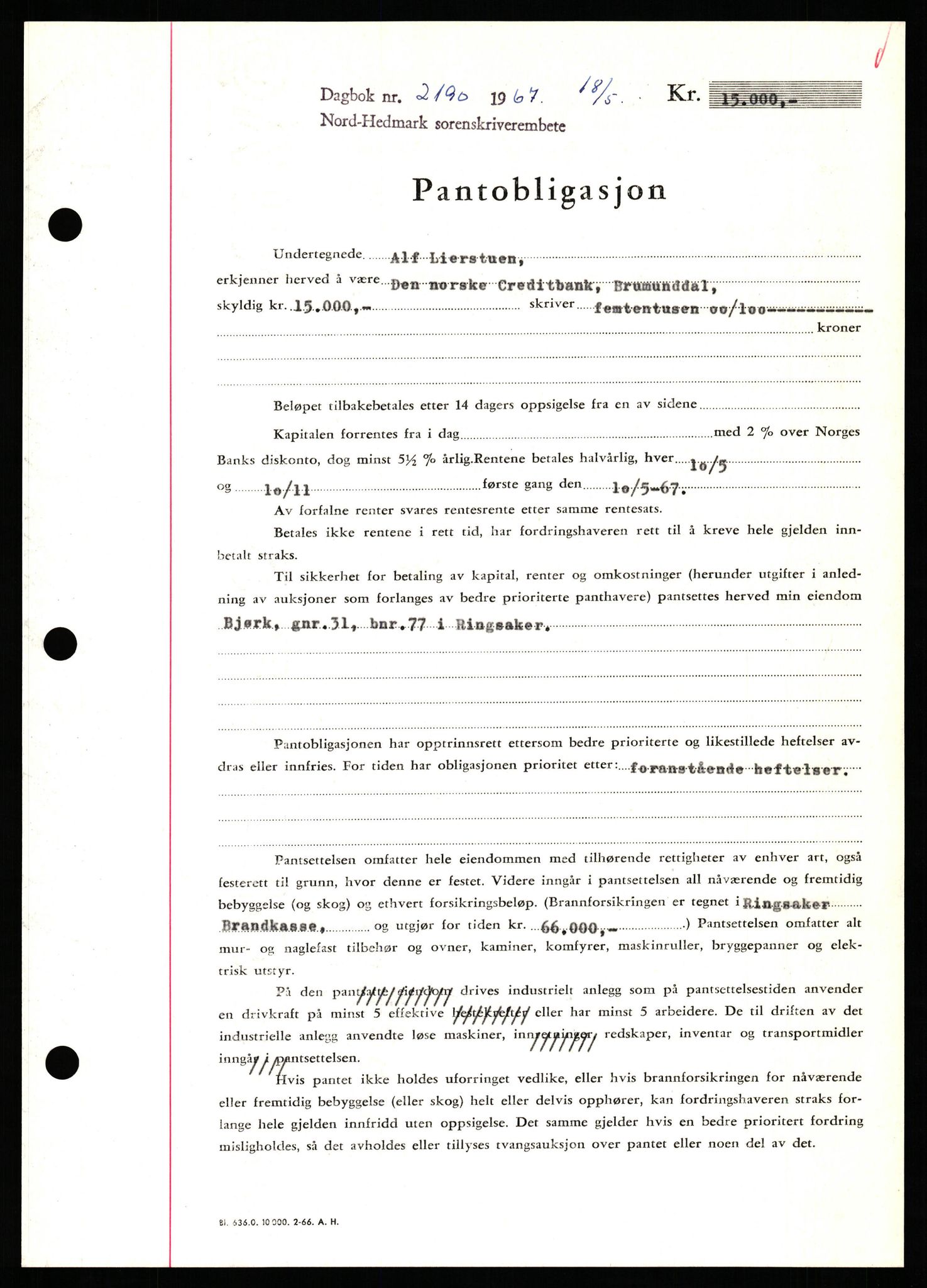 Nord-Hedmark sorenskriveri, SAH/TING-012/H/Hb/Hbf/L0071: Mortgage book no. B71, 1967-1967, Diary no: : 2190/1967