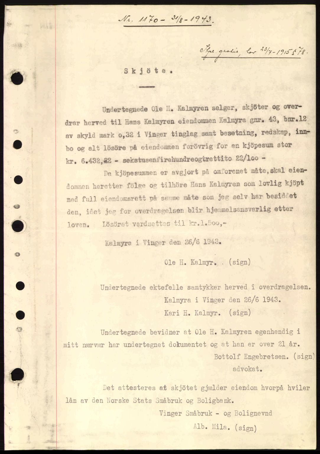 Vinger og Odal sorenskriveri, SAH/TING-022/H/Hb/Hbe/L0012: Mortgage book no. A12, 1943-1944, Diary no: : 1170/1943