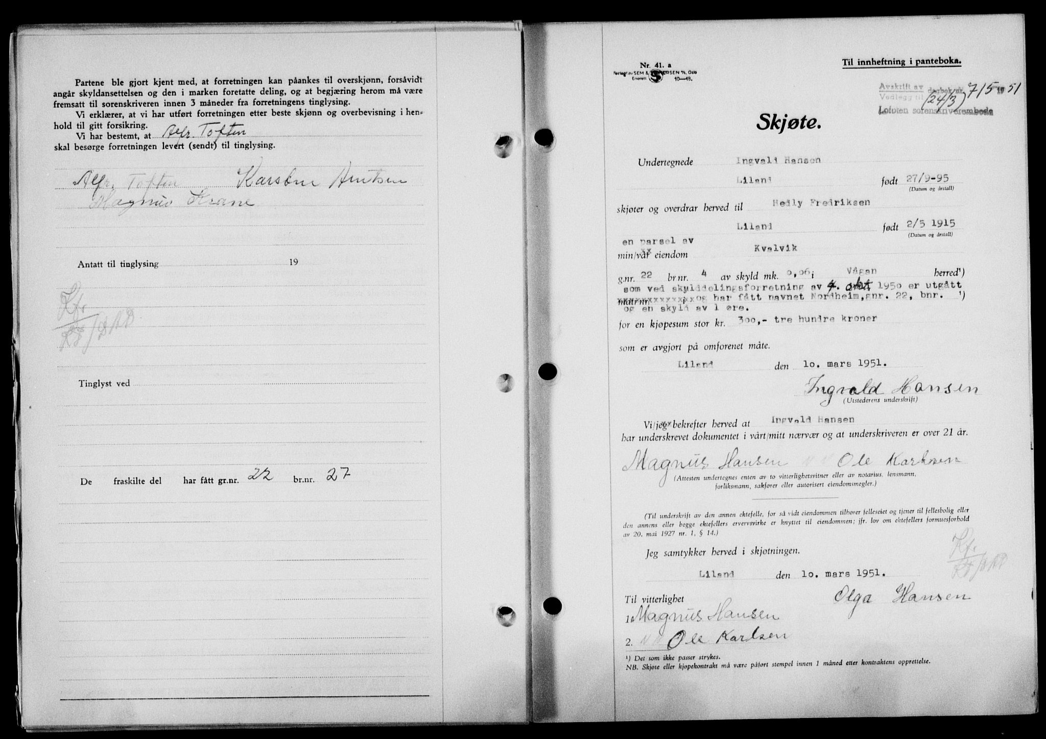 Lofoten sorenskriveri, SAT/A-0017/1/2/2C/L0025a: Mortgage book no. 25a, 1950-1951, Diary no: : 715/1951