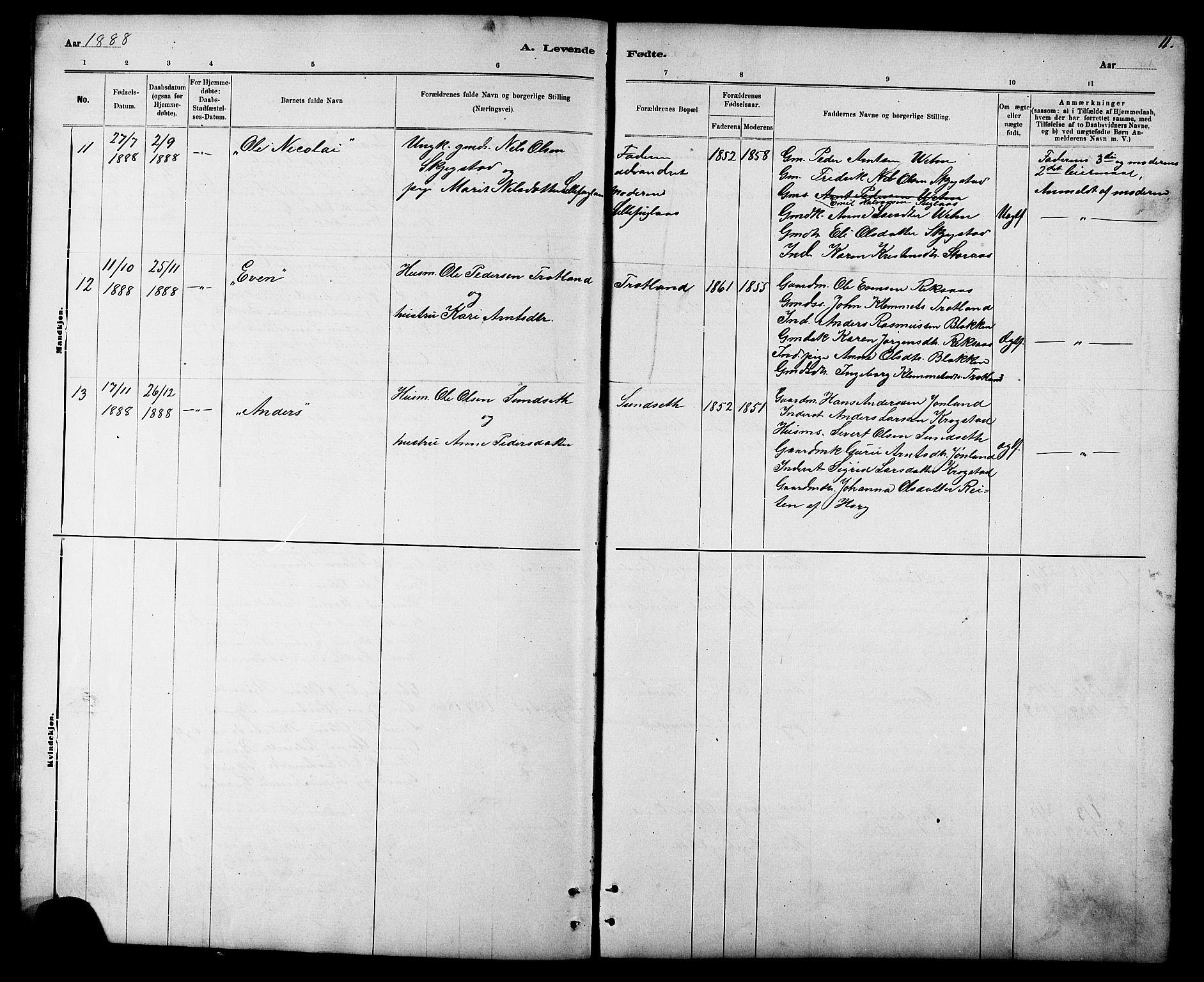 Ministerialprotokoller, klokkerbøker og fødselsregistre - Sør-Trøndelag, SAT/A-1456/694/L1132: Parish register (copy) no. 694C04, 1887-1914, p. 11