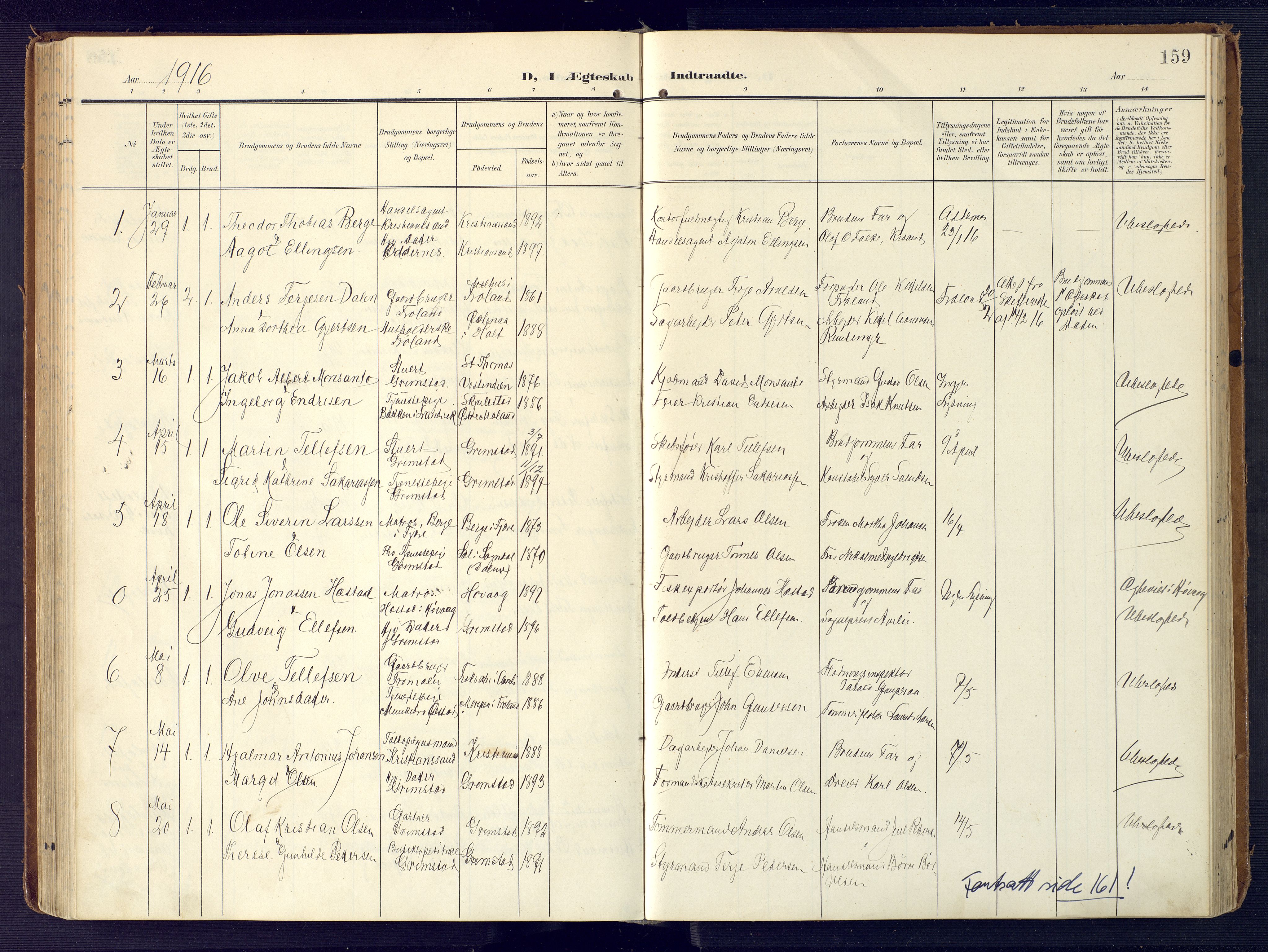 Grimstad sokneprestkontor, SAK/1111-0017/F/Fa/L0005: Parish register (official) no. A 4, 1911-1924, p. 159