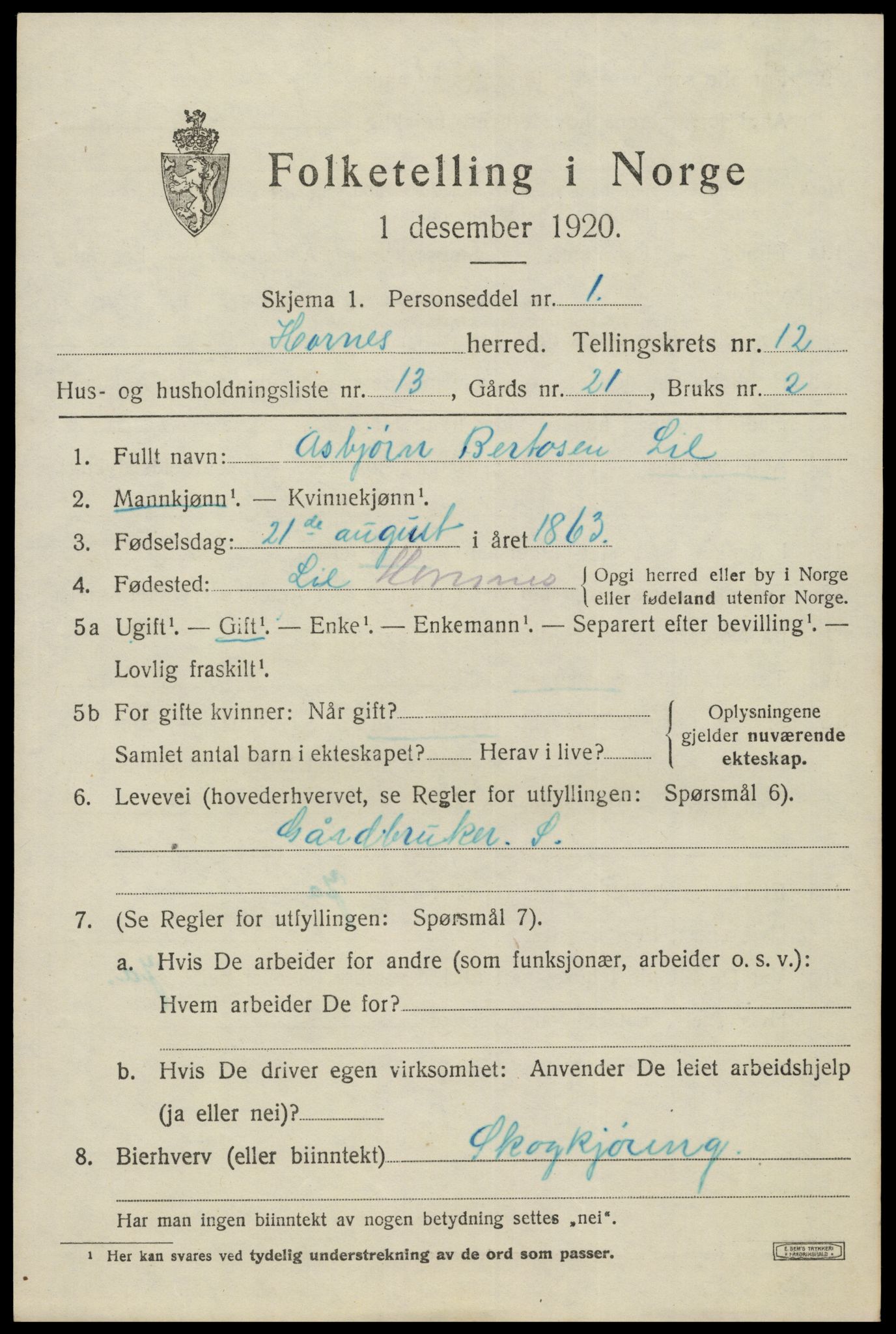 SAK, 1920 census for Hornnes, 1920, p. 3027