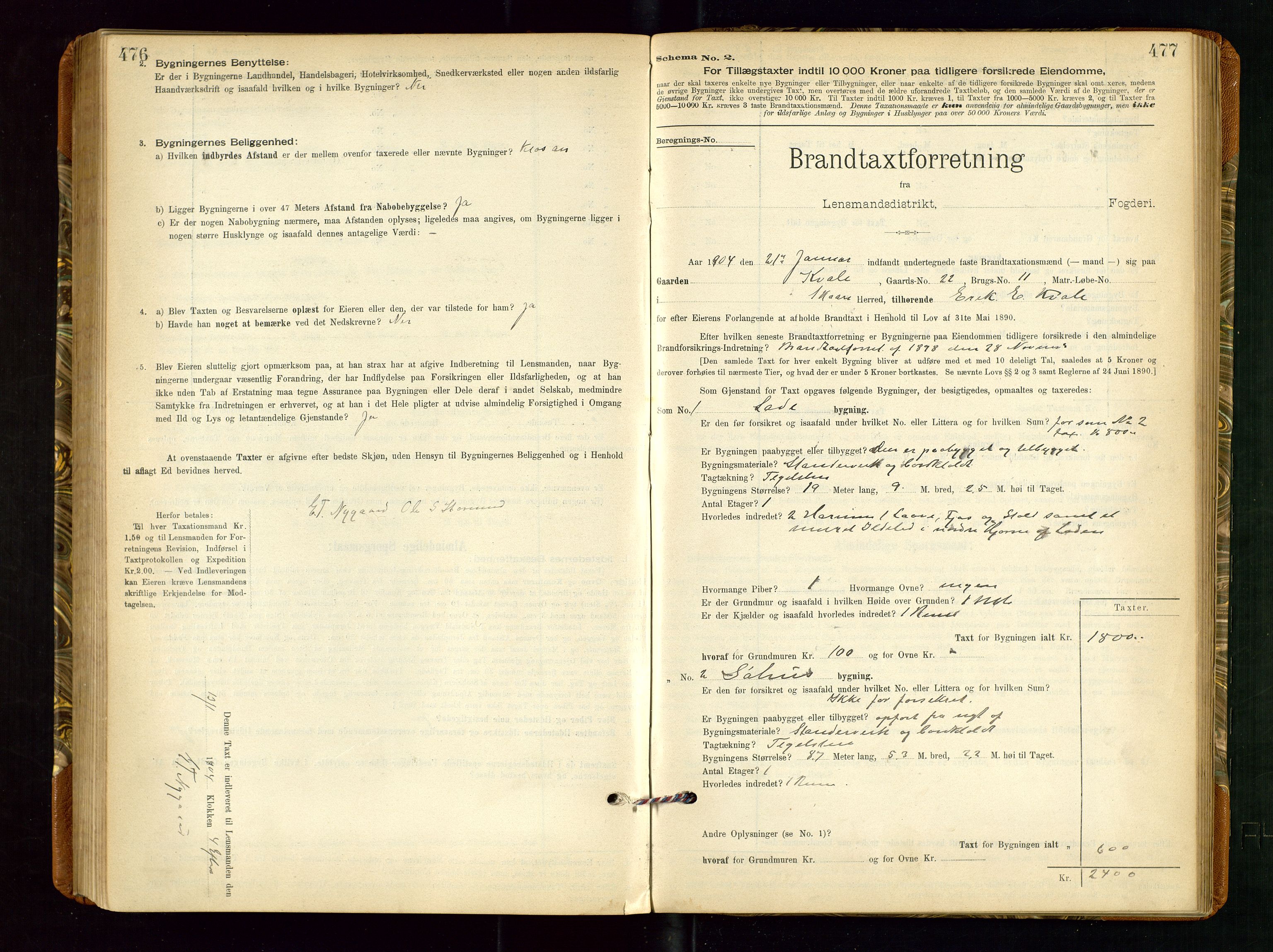 Torvestad lensmannskontor, AV/SAST-A-100307/1/Gob/L0002: "Brandtakstprotokol for Lensmanden i Torvestad", 1900-1905, p. 476-477