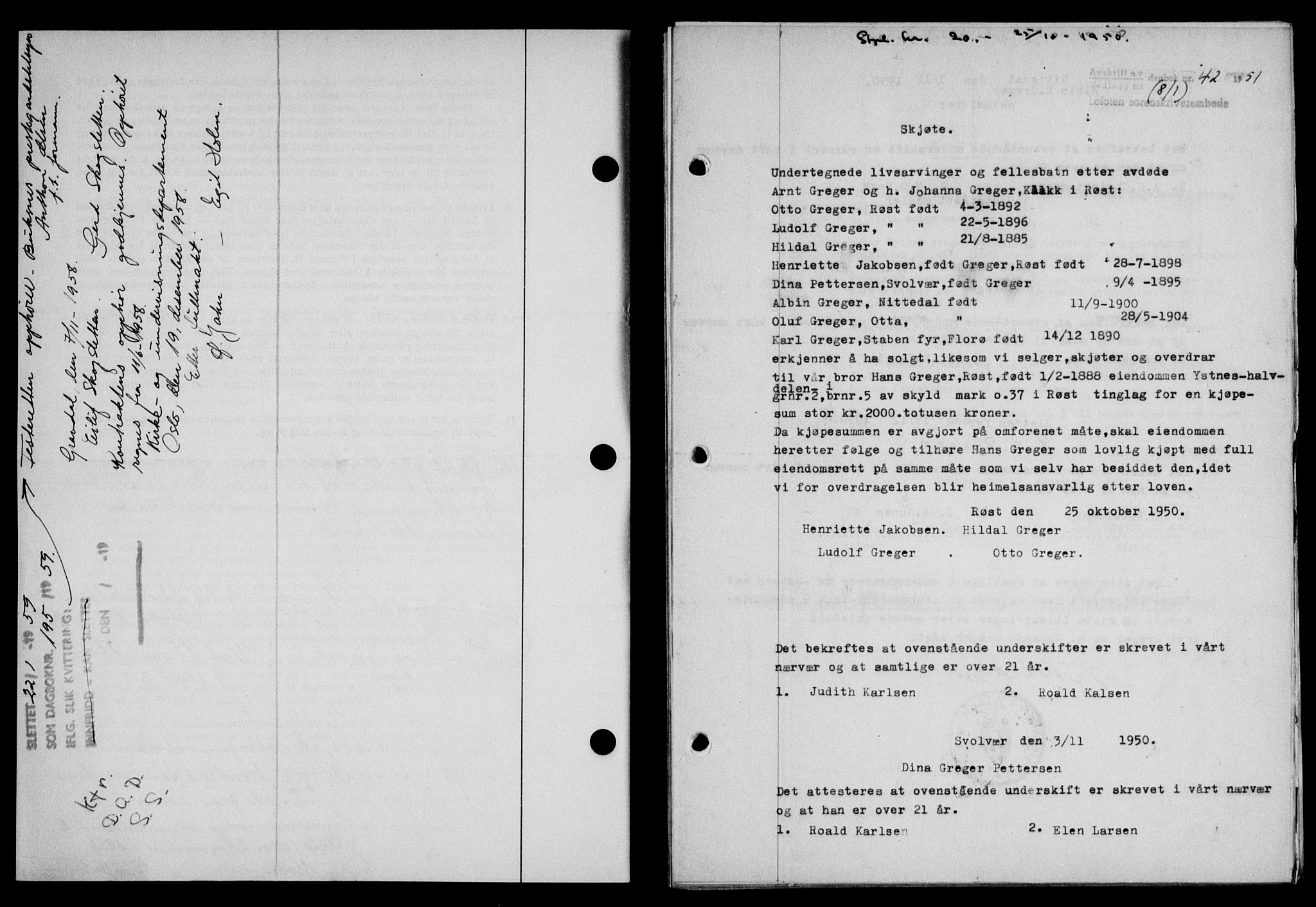 Lofoten sorenskriveri, SAT/A-0017/1/2/2C/L0025a: Mortgage book no. 25a, 1950-1951, Diary no: : 42/1951