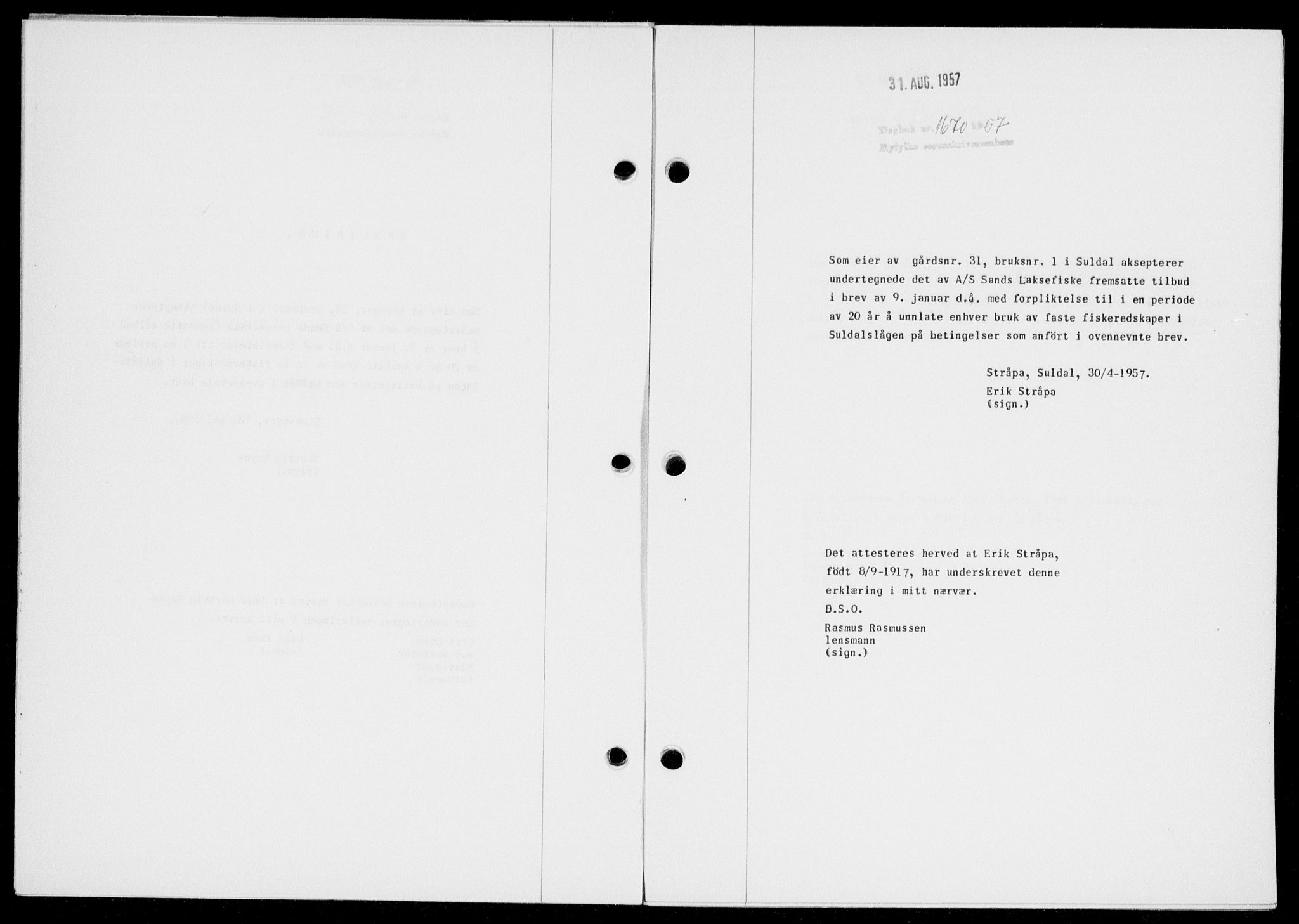 Ryfylke tingrett, SAST/A-100055/001/II/IIB/L0138: Mortgage book no. 117, 1957-1957, Diary no: : 1670/1957