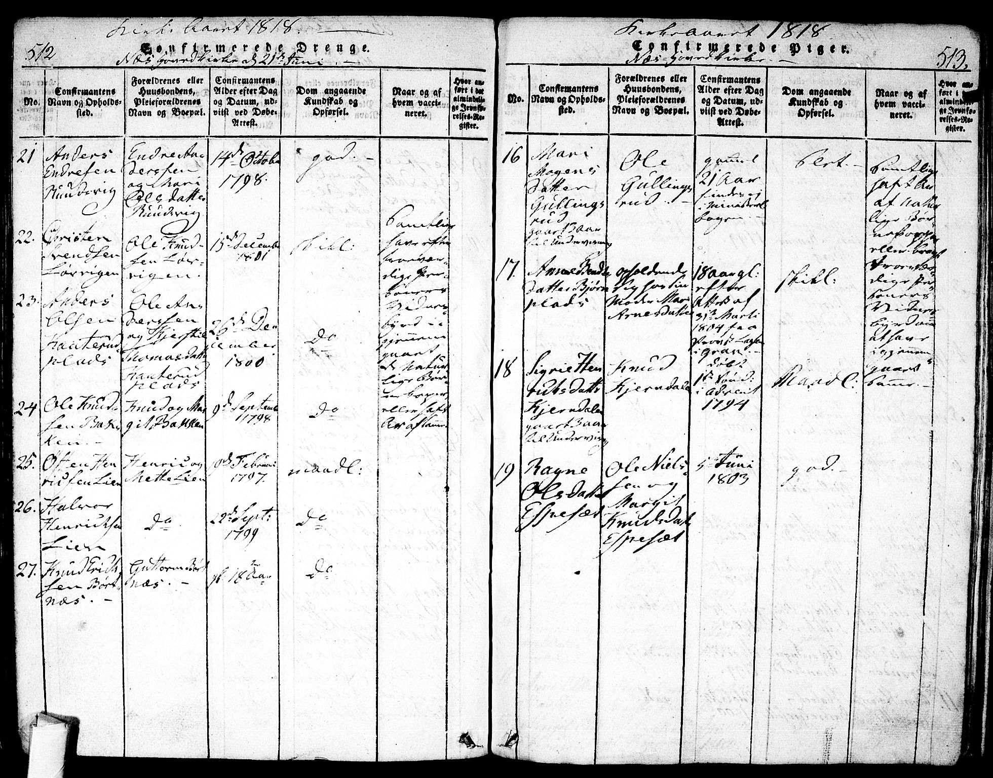 Nes kirkebøker, SAKO/A-236/F/Fa/L0007: Parish register (official) no. 7, 1815-1823, p. 512-513