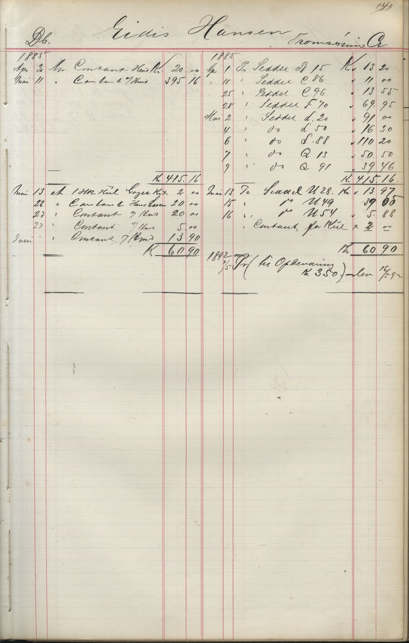 Brodtkorb handel A/S, VAMU/A-0001/F/Fa/L0004/0001: Kompanibøker. Utensogns / Compagnibog for Udensogns Fiskere No 15. Fra A - H, 1882-1895, p. 140