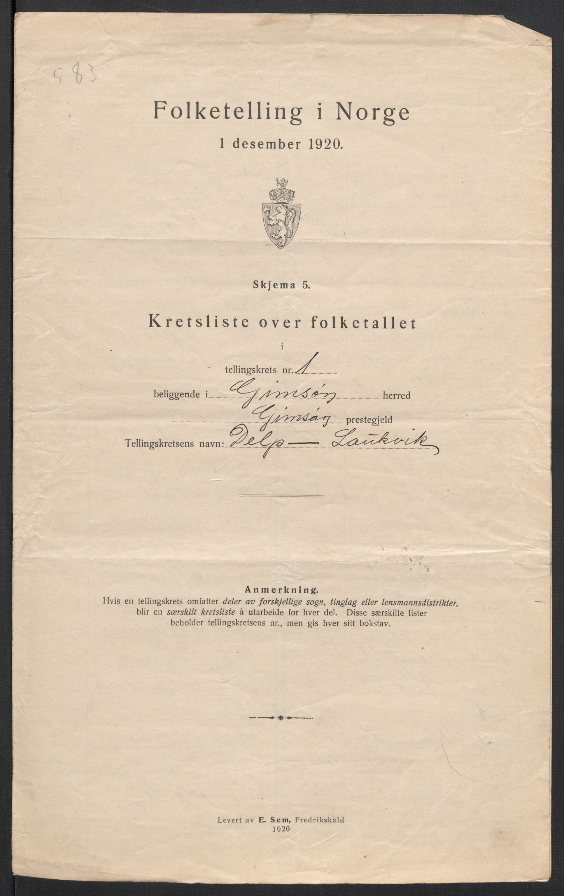 SAT, 1920 census for Gimsøy, 1920, p. 12