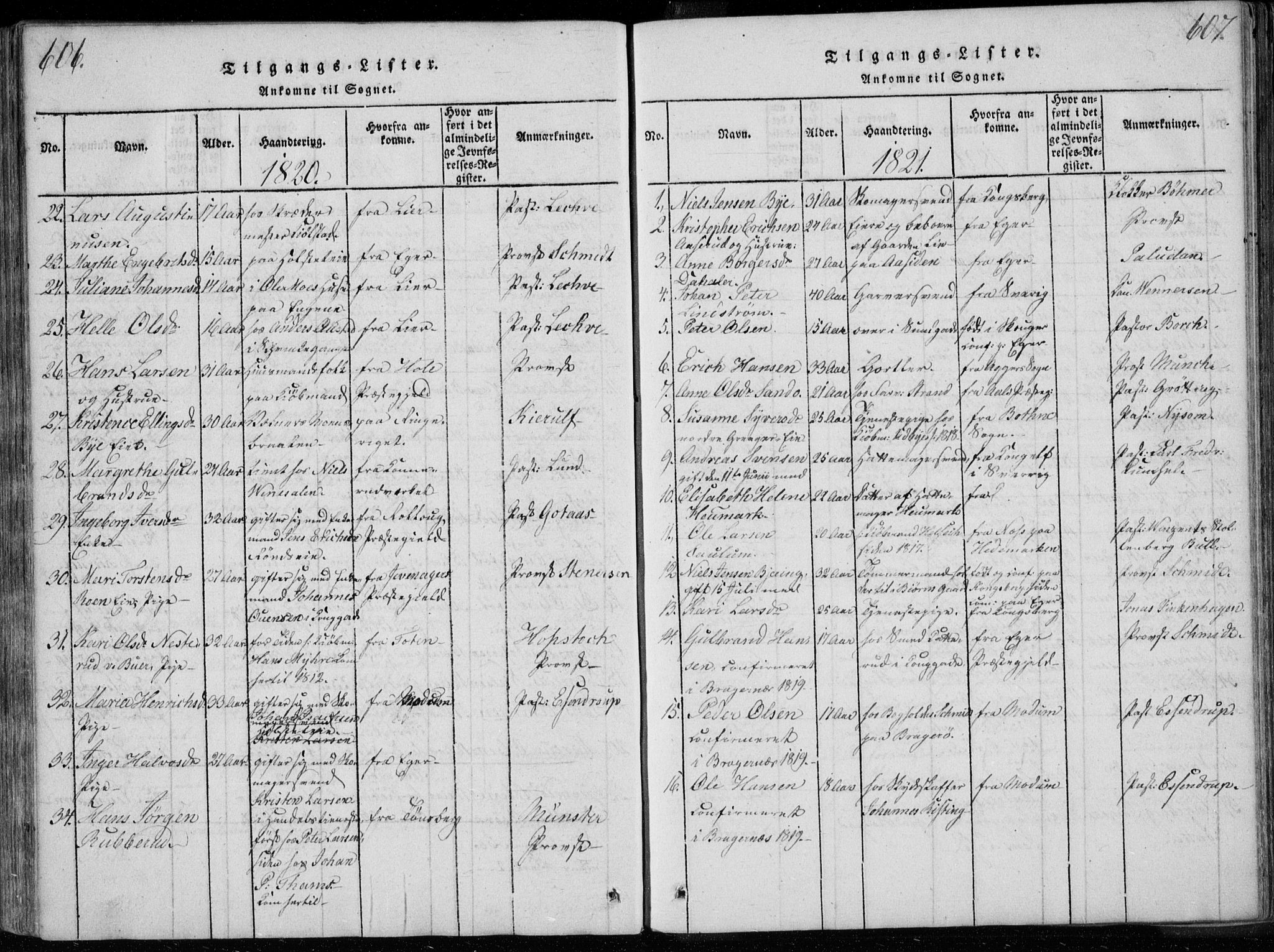 Bragernes kirkebøker, SAKO/A-6/F/Fa/L0007: Parish register (official) no. I 7, 1815-1829, p. 606-607