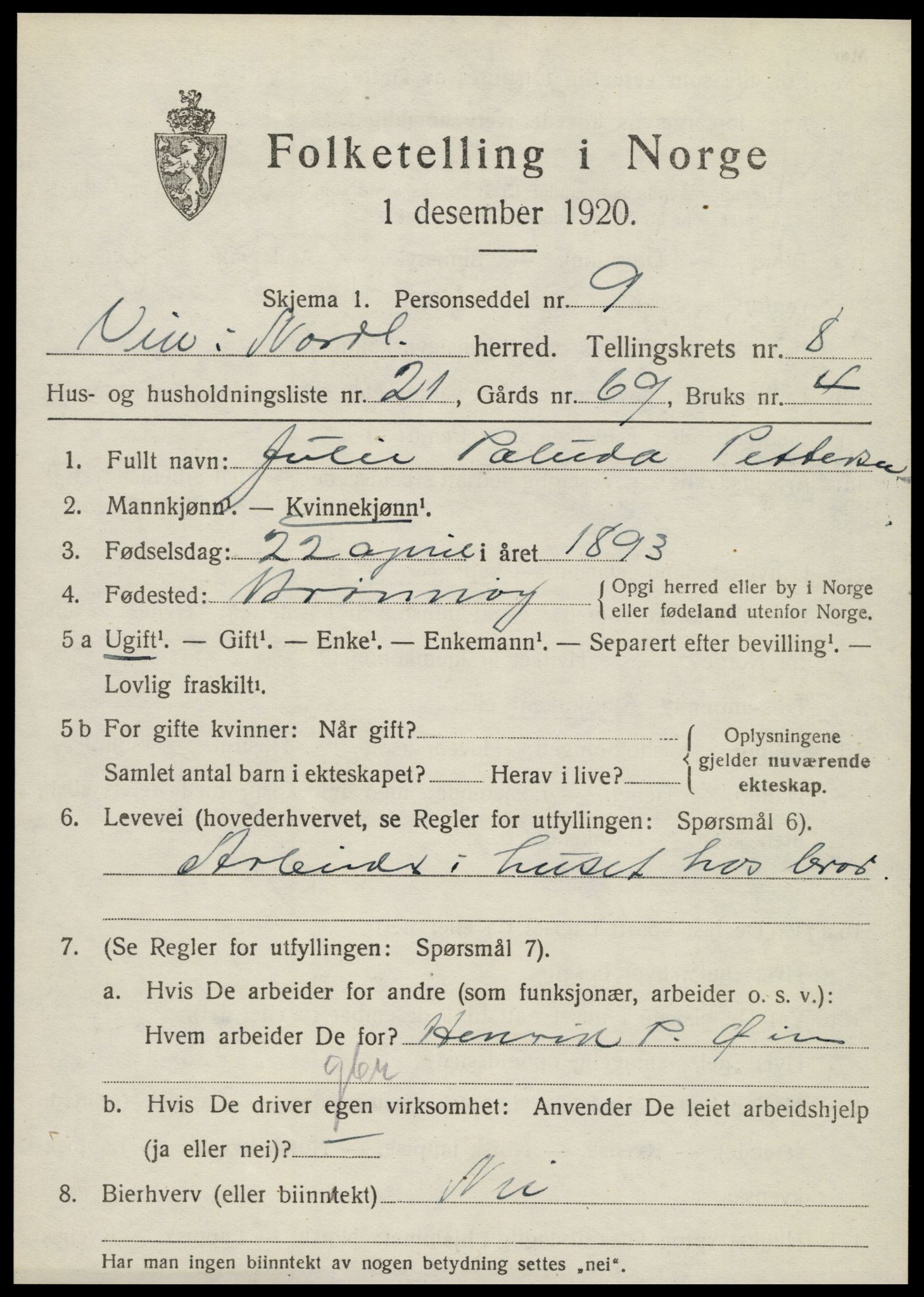 SAT, 1920 census for Vik, 1920, p. 5471