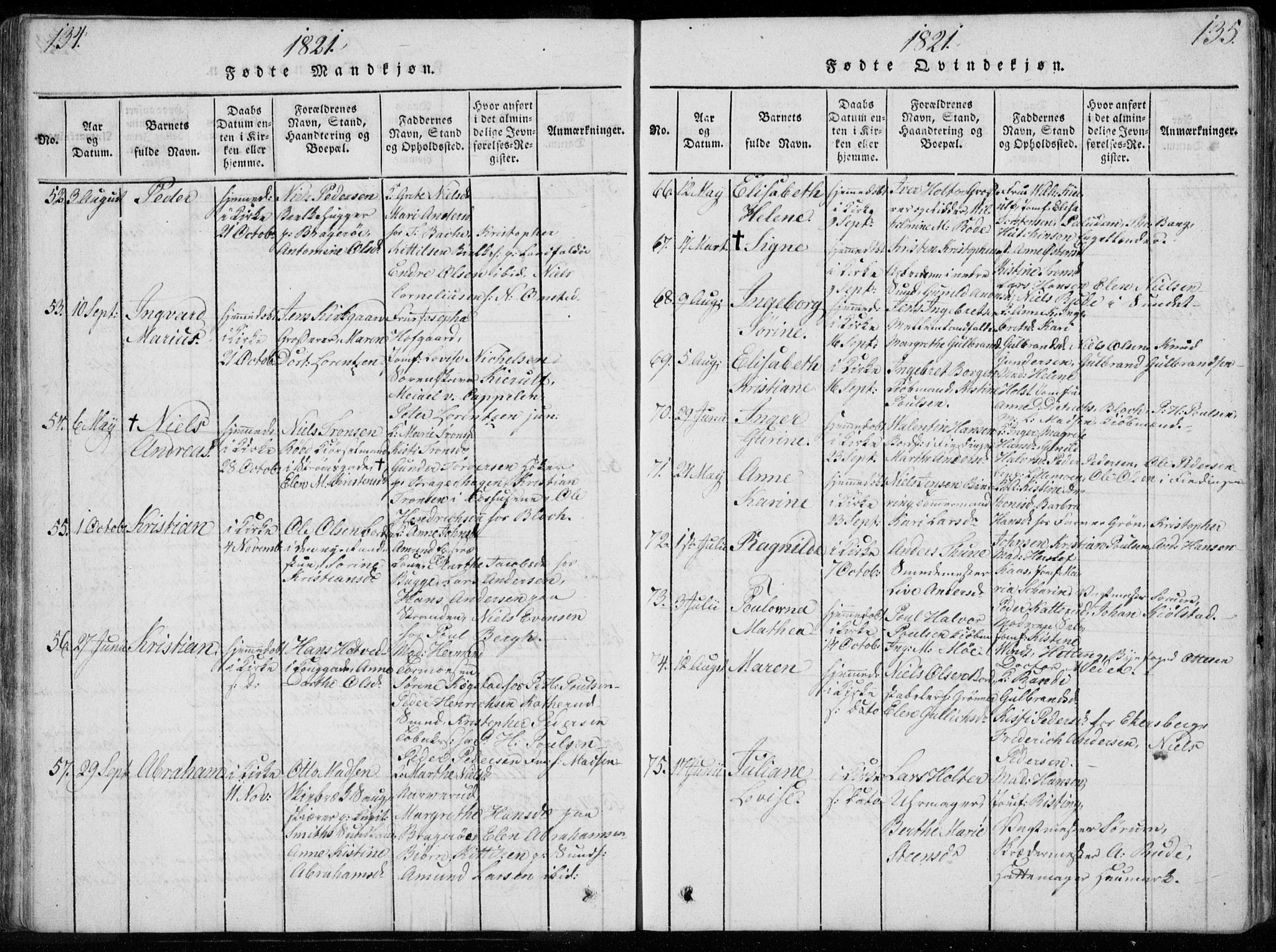 Bragernes kirkebøker, SAKO/A-6/F/Fa/L0007: Parish register (official) no. I 7, 1815-1829, p. 134-135