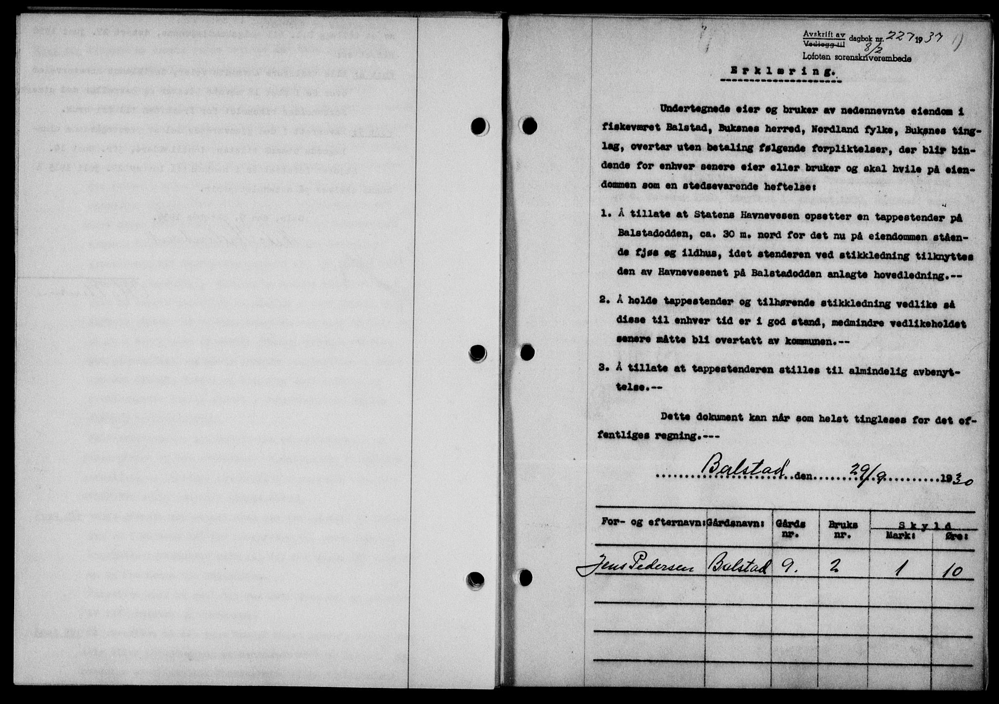 Lofoten sorenskriveri, SAT/A-0017/1/2/2C/L0001a: Mortgage book no. 1a, 1936-1937, Diary no: : 227/1937