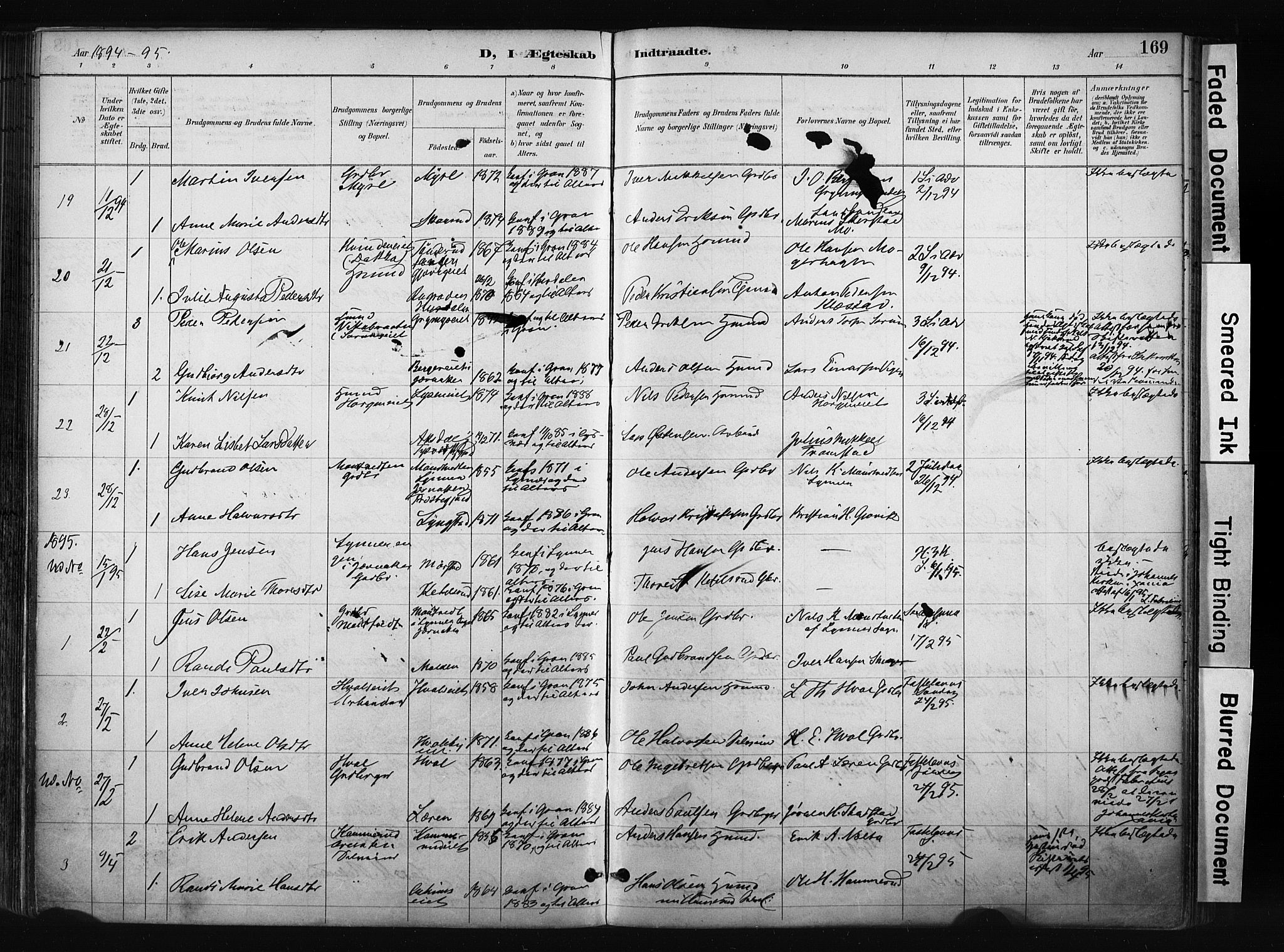 Gran prestekontor, SAH/PREST-112/H/Ha/Haa/L0017: Parish register (official) no. 17, 1889-1897, p. 169