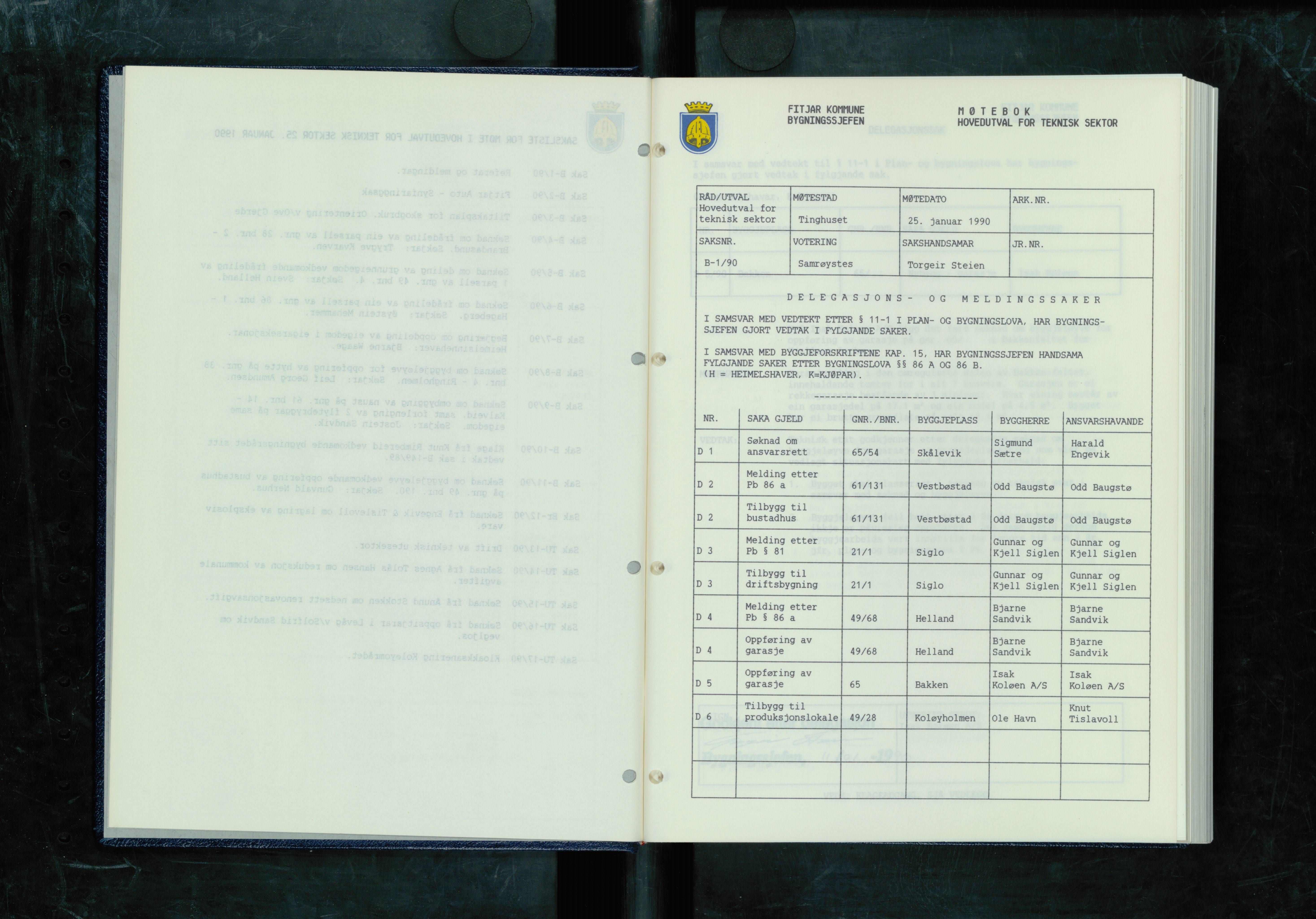 Fitjar kommune. Hovudutval for teknisk sektor, IKAH/1222-510/A/Aa/L0005: Møtebok for Fitjar hovudutval for teknisk sektor, 1990