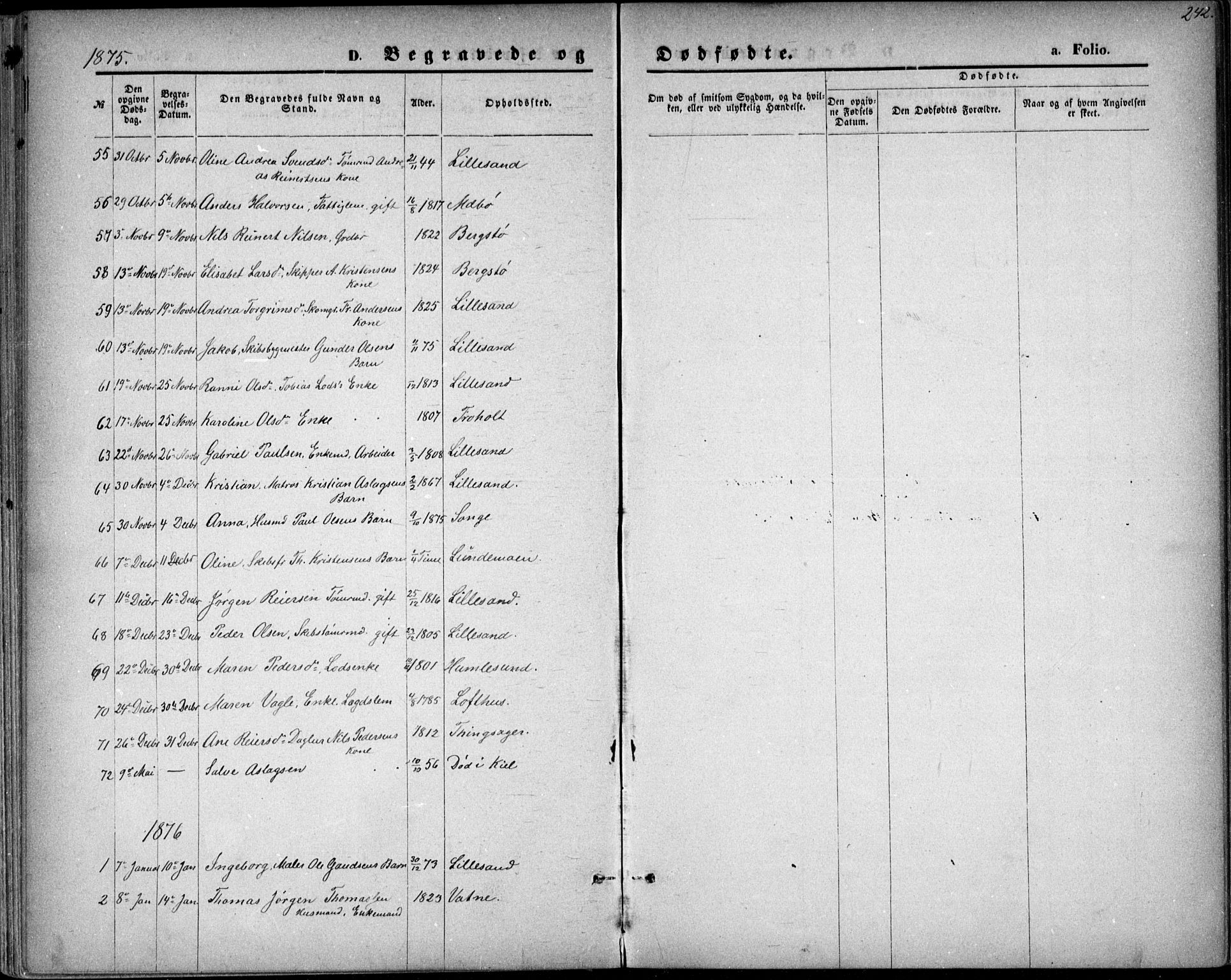 Vestre Moland sokneprestkontor, SAK/1111-0046/F/Fb/Fbb/L0005: Parish register (copy) no. B 5, 1872-1883, p. 242