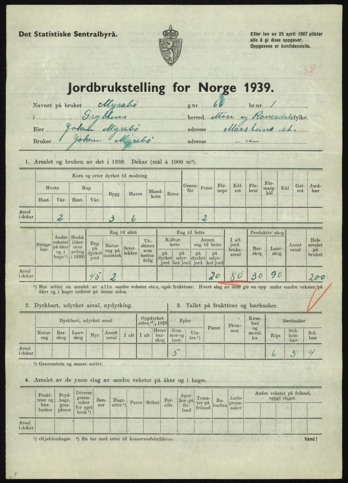 Statistisk sentralbyrå, Næringsøkonomiske emner, Jordbruk, skogbruk, jakt, fiske og fangst, AV/RA-S-2234/G/Gb/L0251: Møre og Romsdal: Voll, Eid, Grytten og Hen, 1939, p. 821