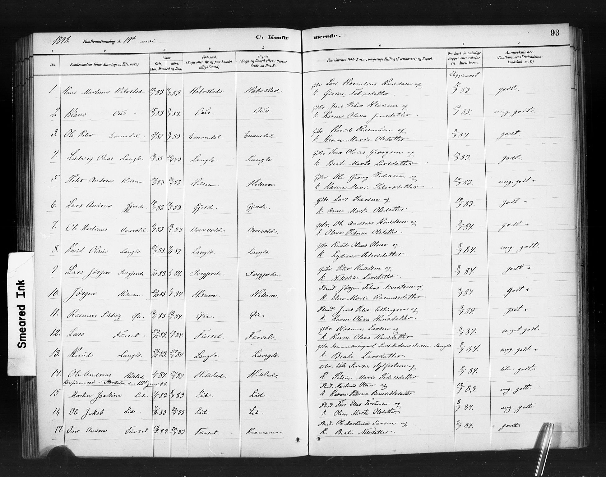 Ministerialprotokoller, klokkerbøker og fødselsregistre - Møre og Romsdal, SAT/A-1454/520/L0283: Parish register (official) no. 520A12, 1882-1898, p. 93