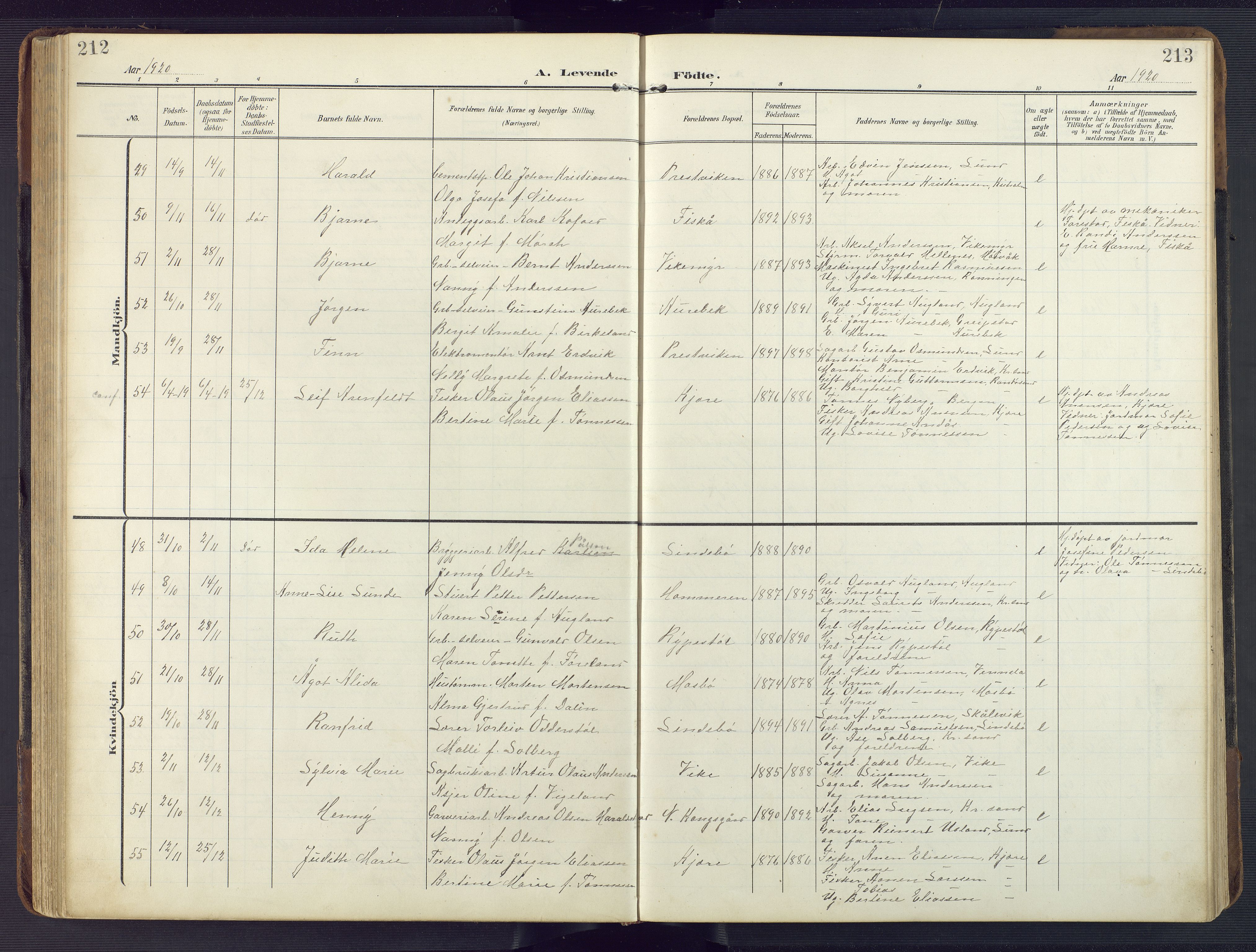 Oddernes sokneprestkontor, AV/SAK-1111-0033/F/Fb/Fba/L0010: Parish register (copy) no. B 10, 1907-1941, p. 212-213