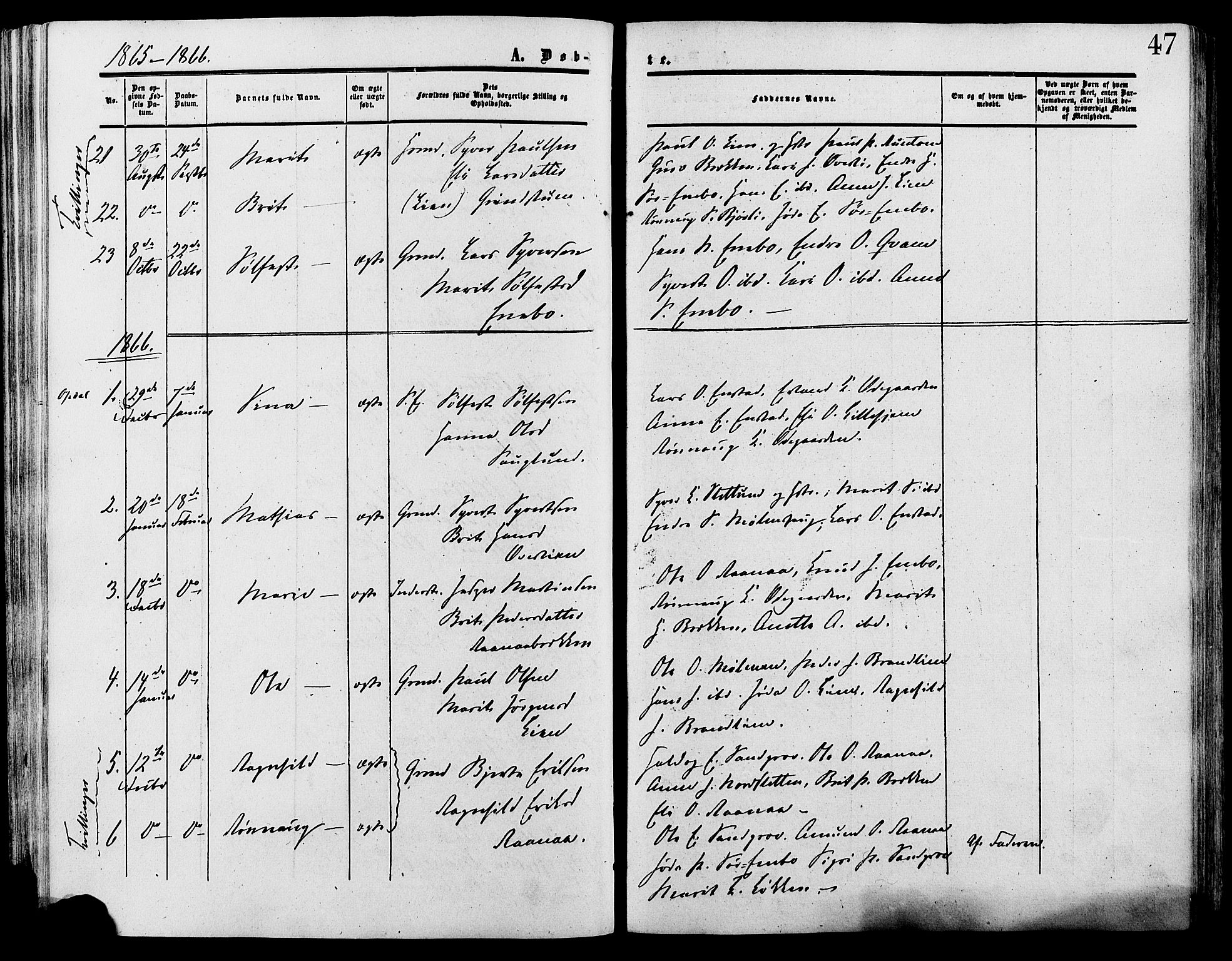 Lesja prestekontor, SAH/PREST-068/H/Ha/Haa/L0009: Parish register (official) no. 9, 1854-1889, p. 47
