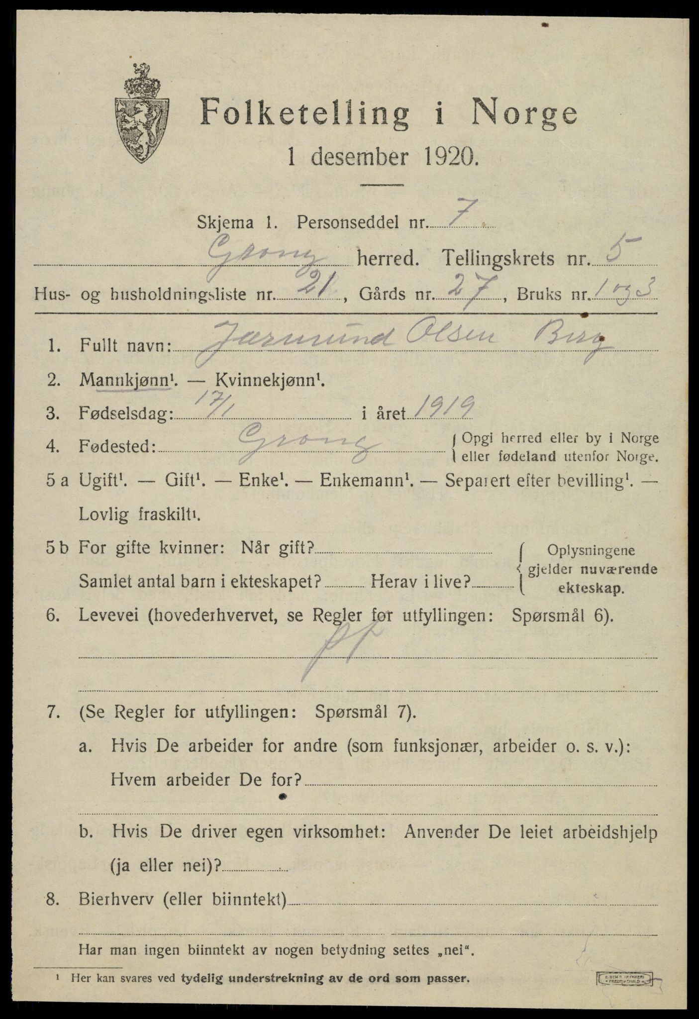 SAT, 1920 census for Grong, 1920, p. 3547