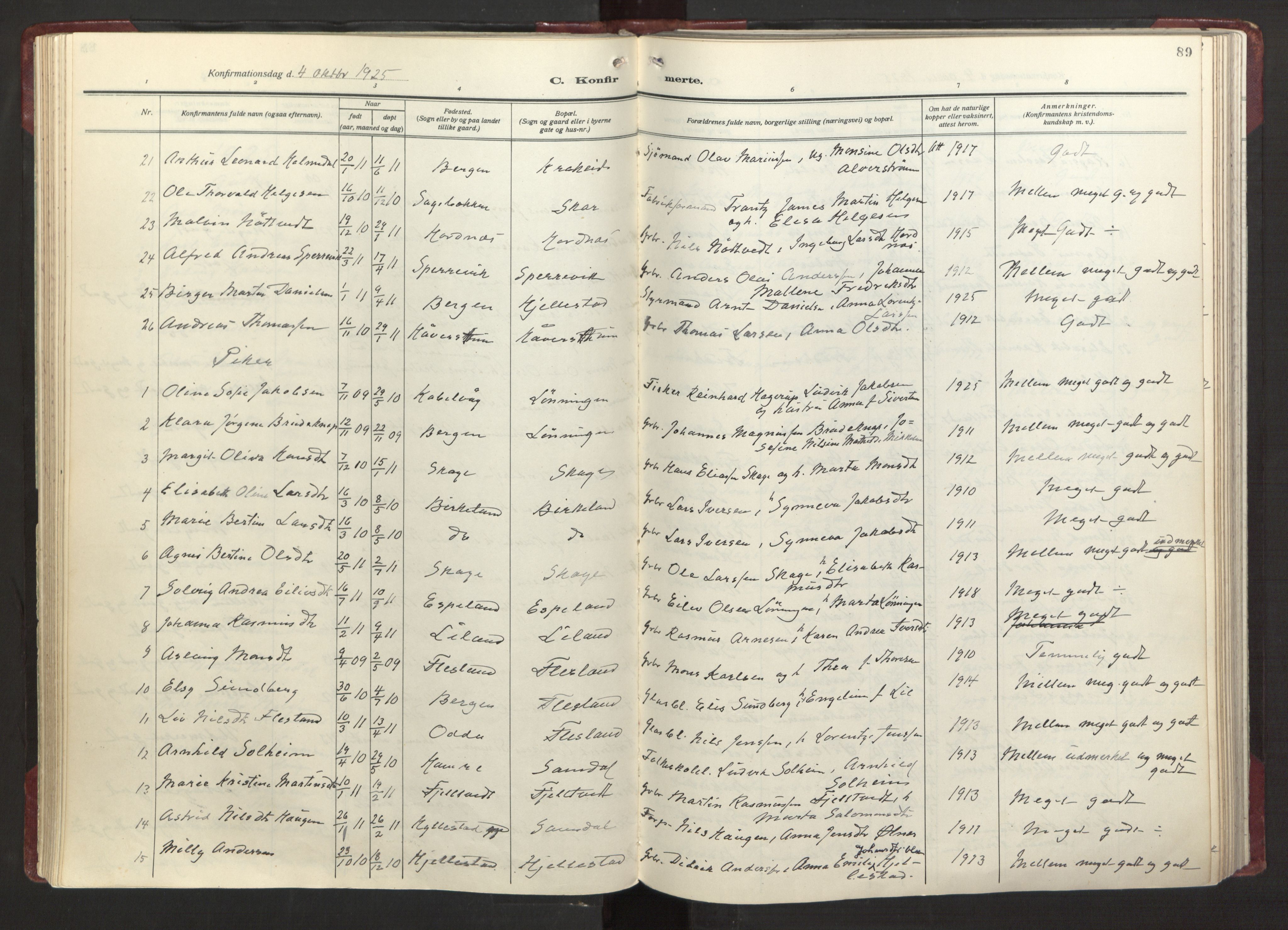 Fana Sokneprestembete, AV/SAB-A-75101/H/Haa/Haab/L0006: Parish register (official) no. B 6, 1923-1967, p. 89