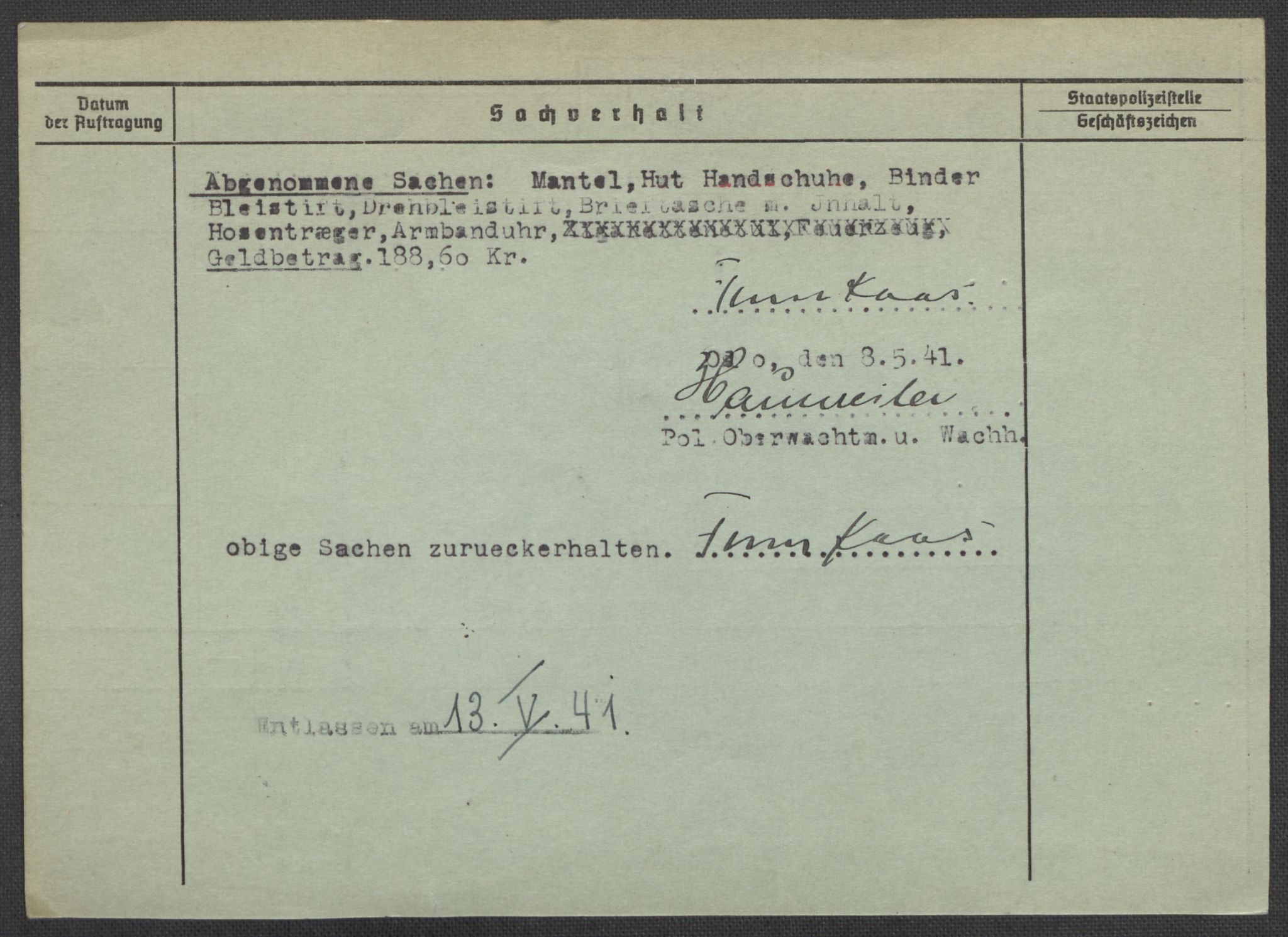 Befehlshaber der Sicherheitspolizei und des SD, AV/RA-RAFA-5969/E/Ea/Eaa/L0006: Register over norske fanger i Møllergata 19: Kj-Lund, 1940-1945, p. 611