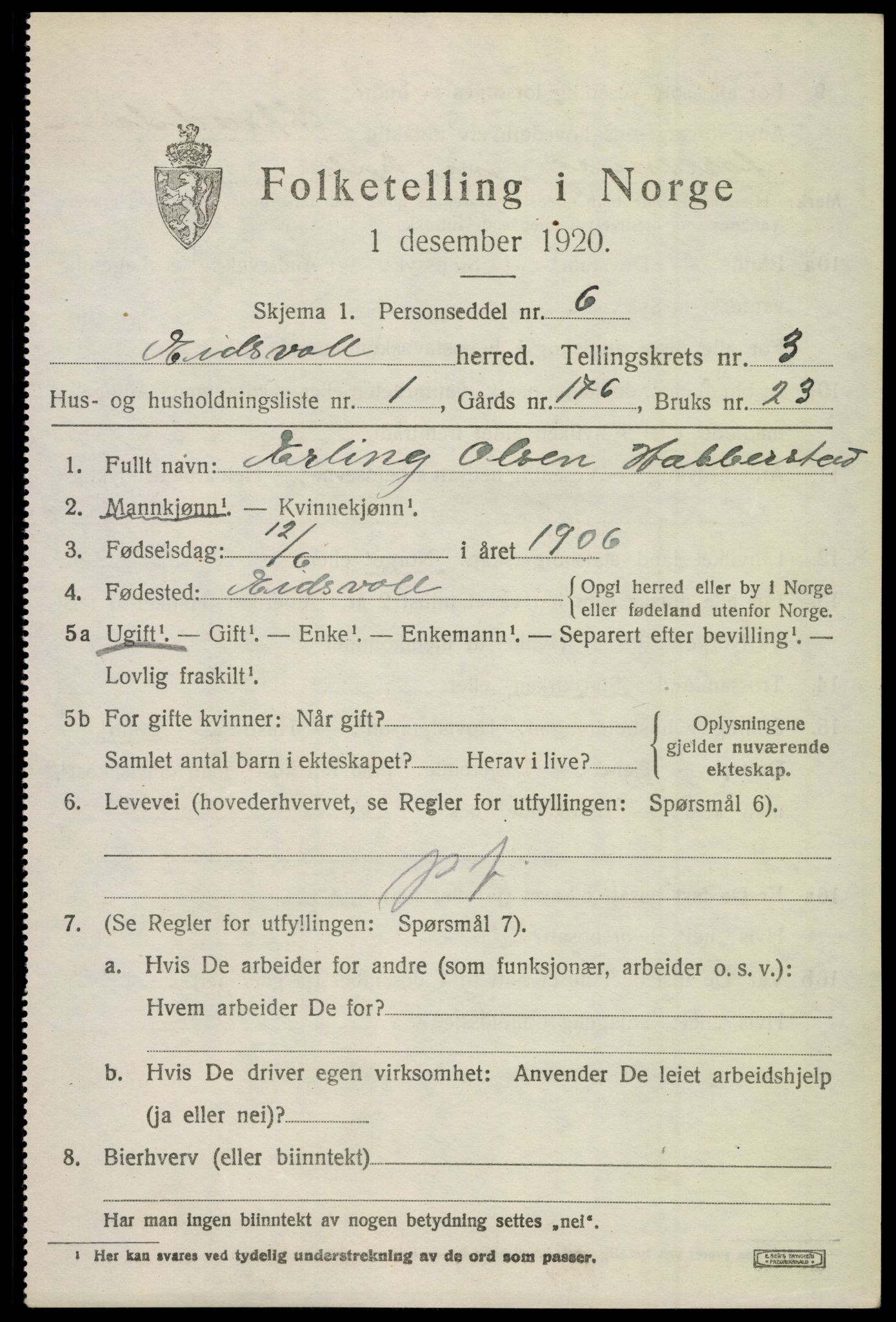 SAO, 1920 census for Eidsvoll, 1920, p. 7629