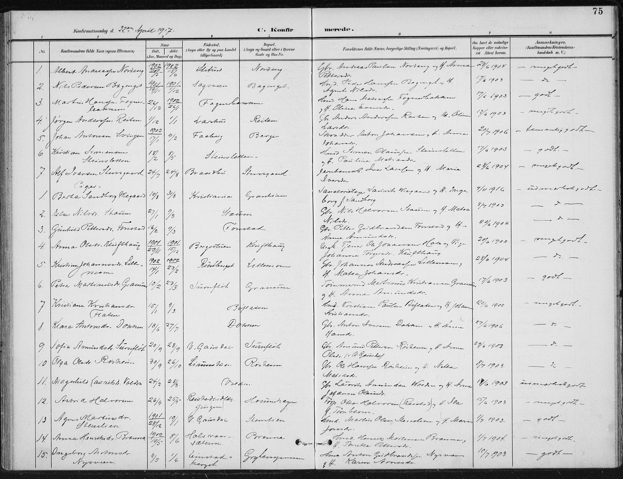 Østre Gausdal prestekontor, SAH/PREST-092/H/Ha/Haa/L0005: Parish register (official) no. 5, 1902-1920, p. 75