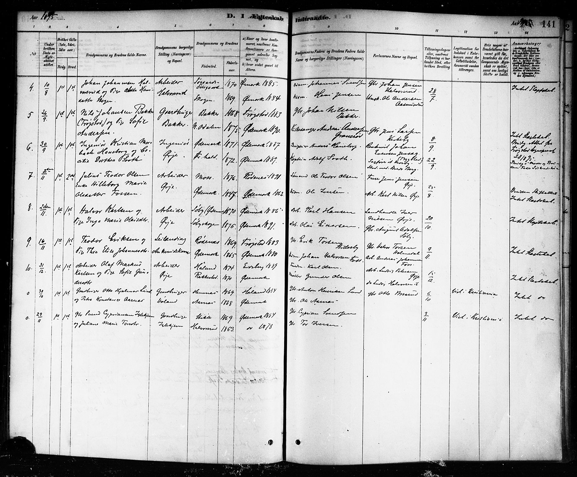 Aremark prestekontor Kirkebøker, SAO/A-10899/F/Fb/L0004: Parish register (official) no. II 4, 1878-1895, p. 141