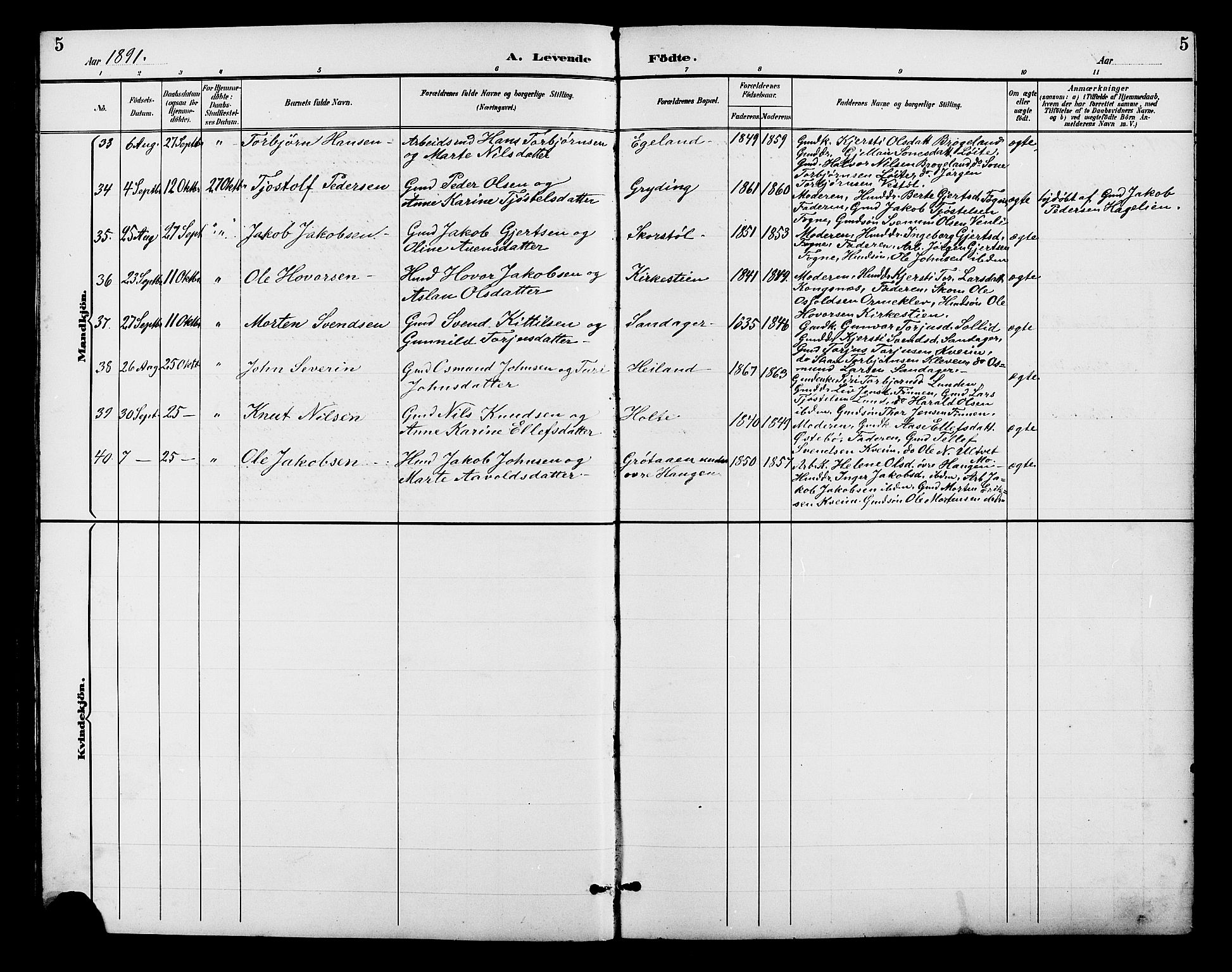 Gjerstad sokneprestkontor, SAK/1111-0014/F/Fb/Fba/L0007: Parish register (copy) no. B 7, 1891-1908, p. 5