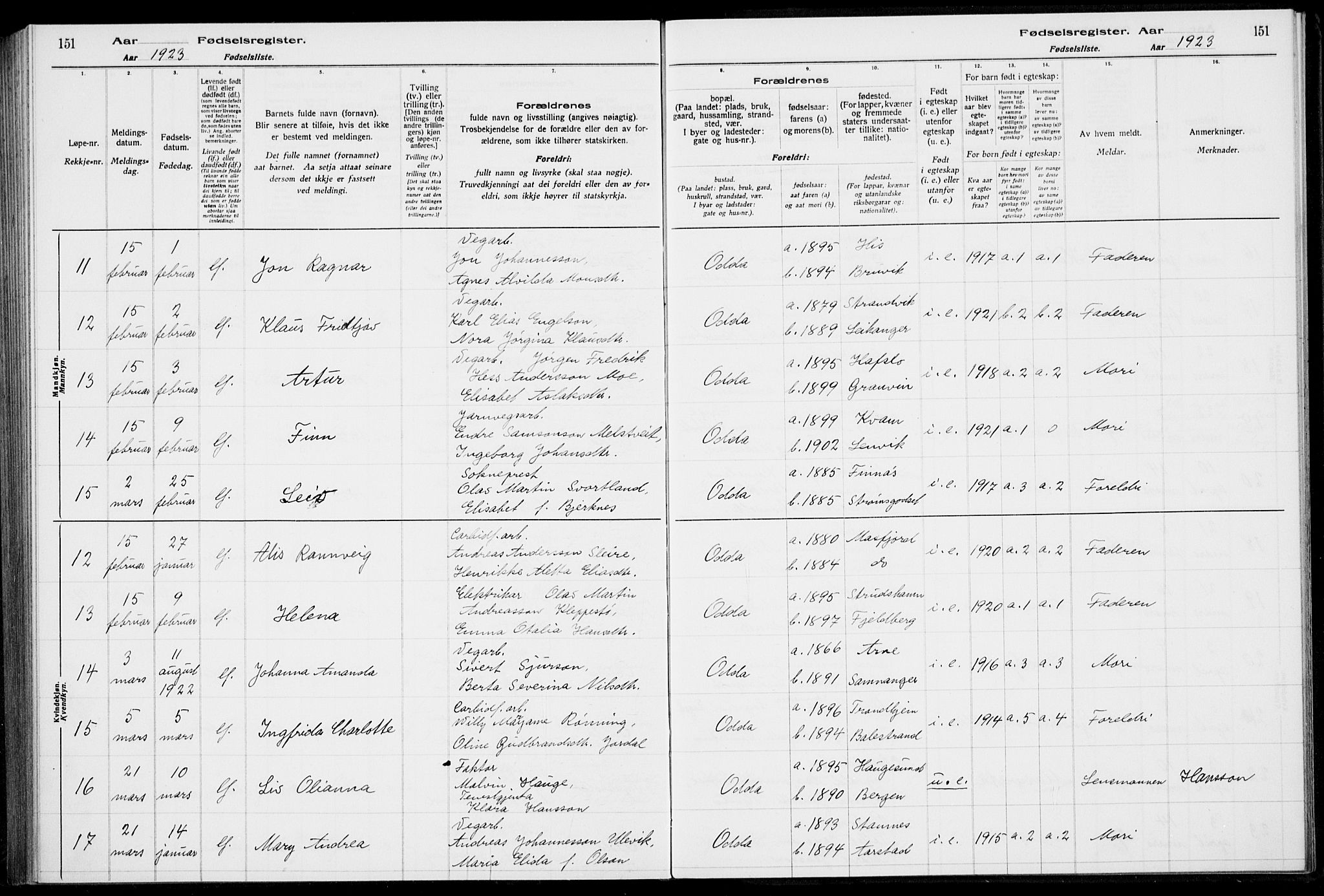 Odda Sokneprestembete, SAB/A-77201/I/Id/L00A1: Birth register no. A 1, 1916-1925, p. 151