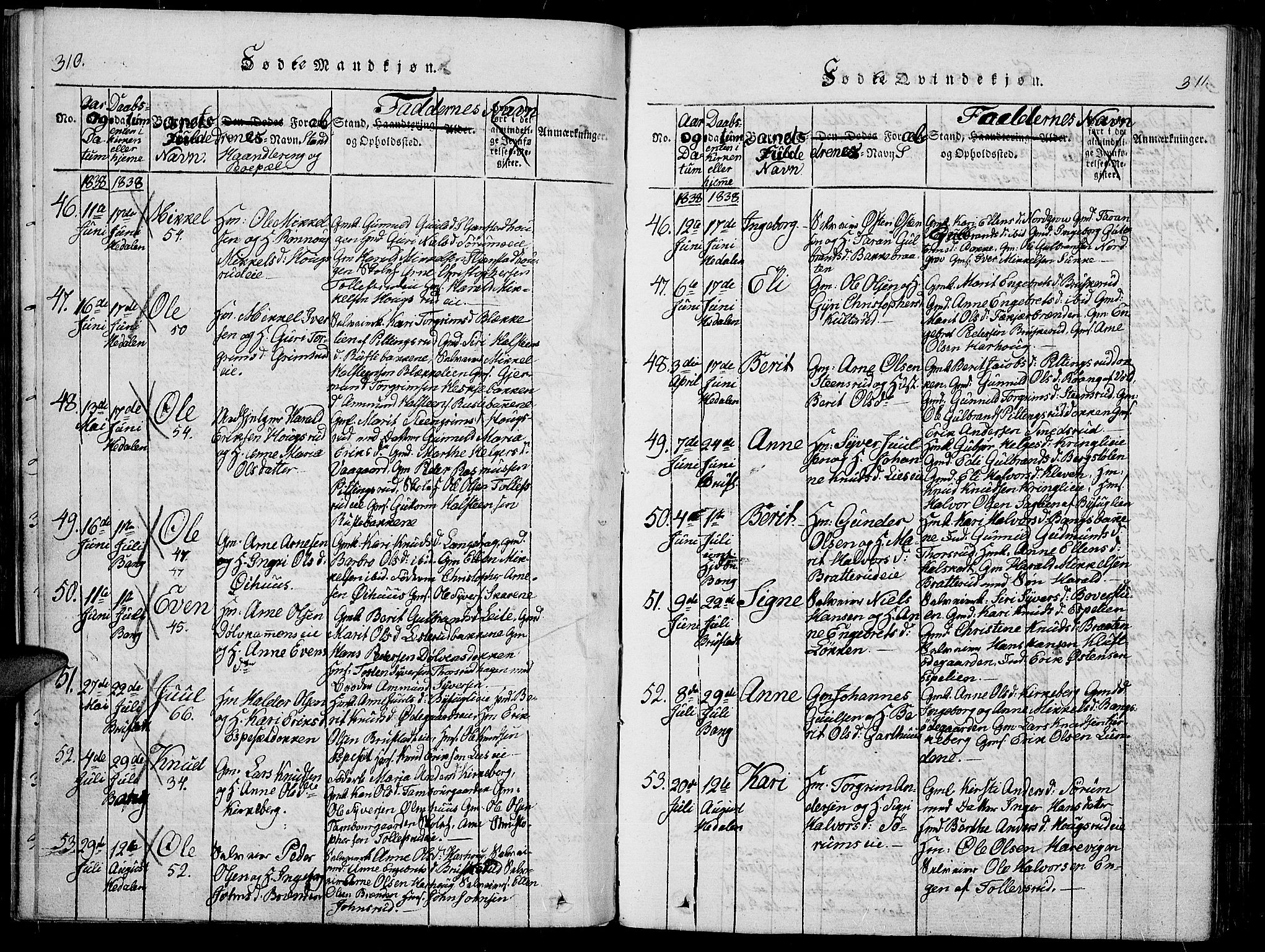 Sør-Aurdal prestekontor, SAH/PREST-128/H/Ha/Haa/L0003: Parish register (official) no. 3, 1825-1840, p. 310-311