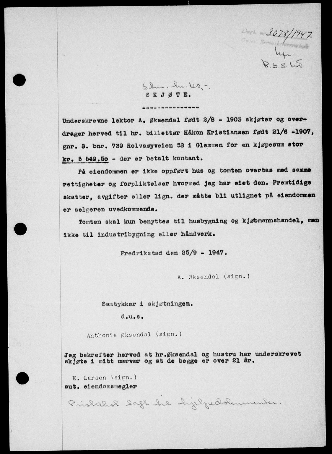 Onsøy sorenskriveri, SAO/A-10474/G/Ga/Gab/L0021: Mortgage book no. II A-21, 1947-1947, Diary no: : 3078/1947